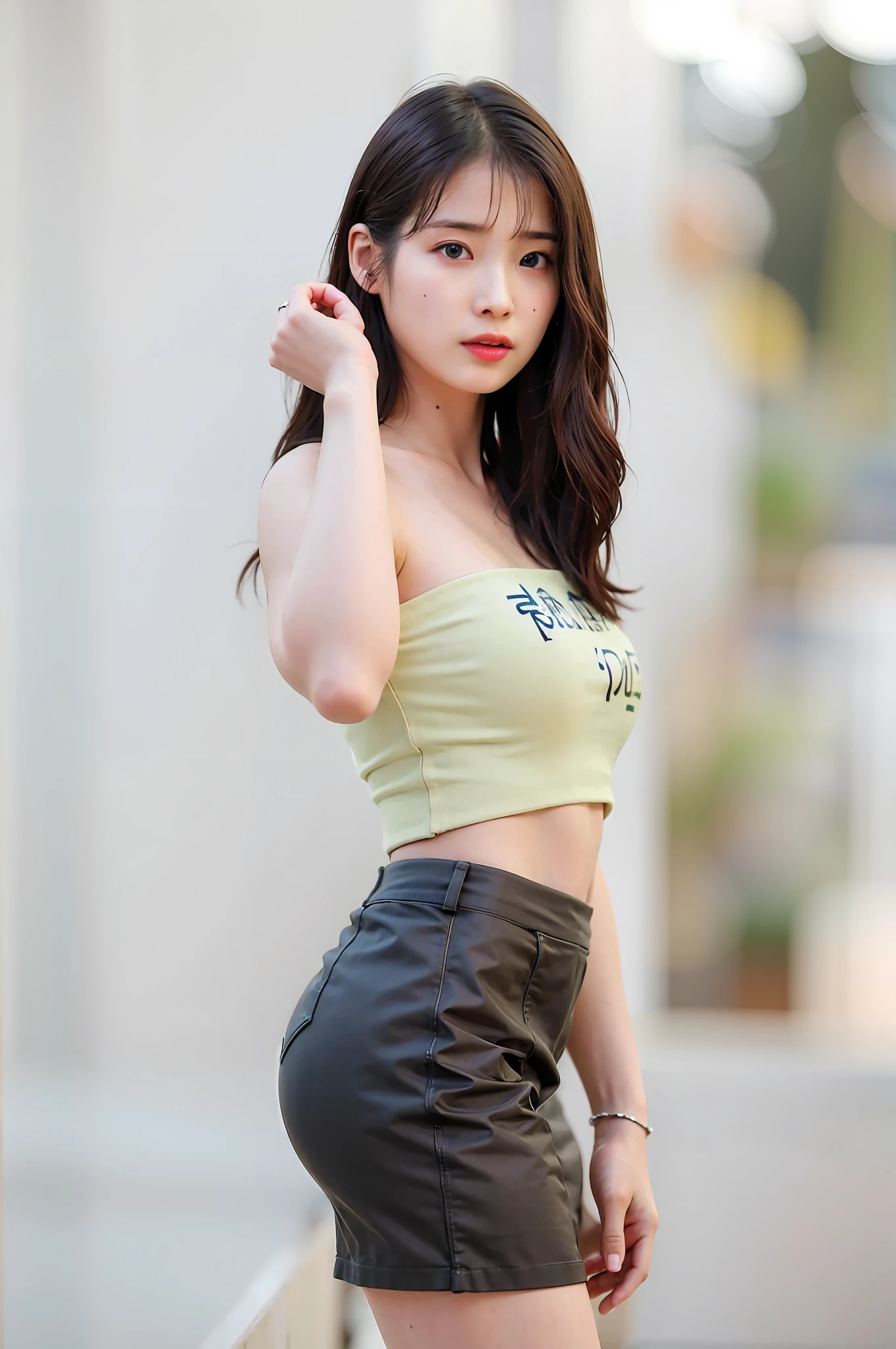 arafed asian woman in a green top and black leather skirt, gorgeous young korean woman, korean girl, beautiful south korean woman, beautiful young korean woman, beautiful asian girl, asian girl, photo of slim girl model, young asian girl, wearing tight simple clothes, korean woman, tight outfit, gorgeous chinese model, chinese girl, a young asian woman, iu, lee ji-eun