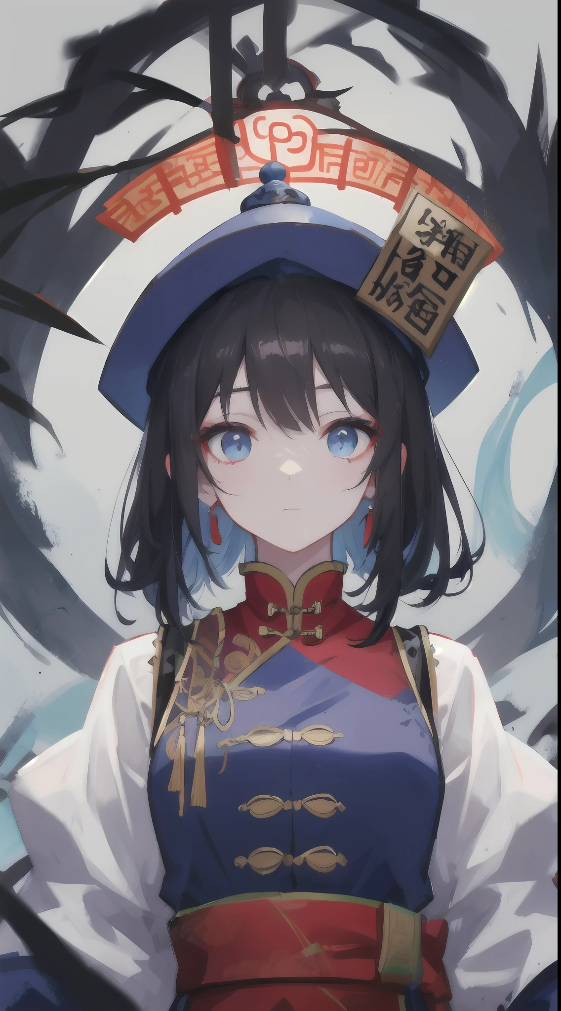 Close portait view of face,Chinese Jiangshi,Mythology,Female,High Detail,Attractive,Sharp Focus,8k,Extremely Detailed,Dark Lighting,Black Hair Red Clothes,light blue skin tone,Wearing Blue Jiangshi Hat,Talisman on Face