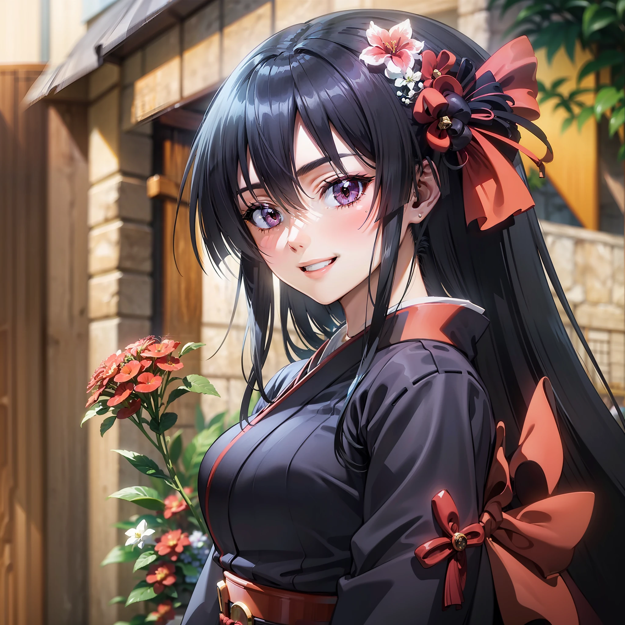 1 woman, black hair, Akame, traditional wedding kimono, smiling, eyes sparkling.