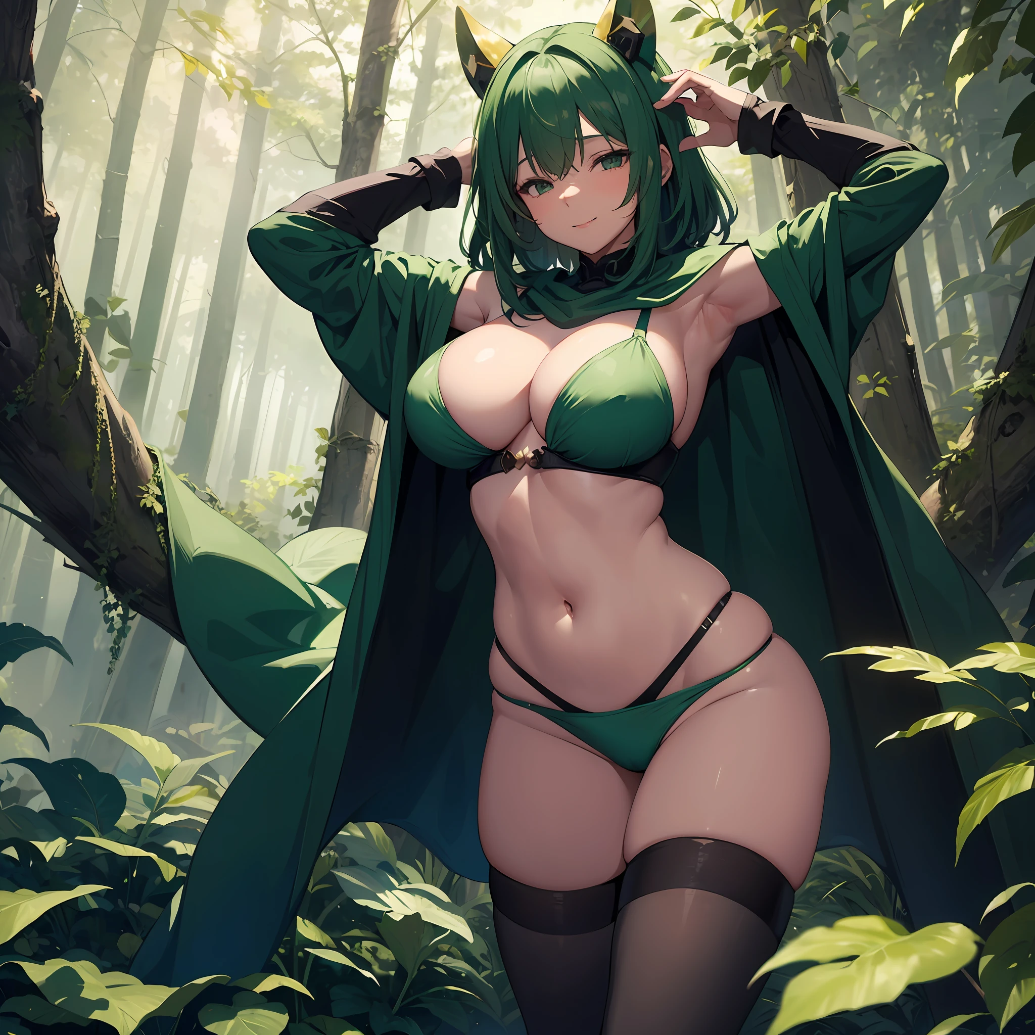 fantasy, 1forest_elemental_girl, (dark_skin)0.9, (using_leaves_clothes, green_leaves_covered_breasts, leaves_covered_pussy)+++,huge_heavy_tits, walking, (smile, sleepy)+, medium_hair, navel,(plump:0.9), oil, (winding_vine_around_torso)++, forest_background, leaves_headgear, green_leaves_cape, spread_arms, large_staff, thighhighs,