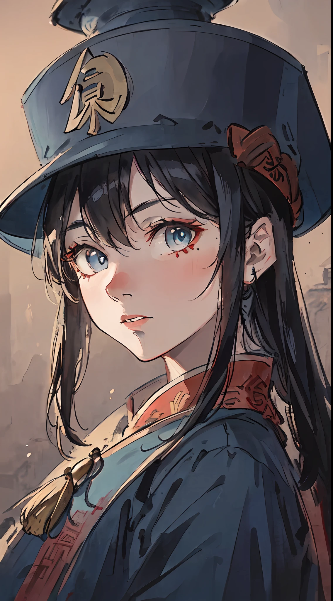 Close portait view of face,Chinese Jiangshi,Mythology,Female,High Detail,Attractive,Sharp Focus,8k,Extremely Detailed,Dark Lighting,Black Hair Red Clothes,light blue skin tone,Wearing Blue Jiangshi Hat,Talisman on Face