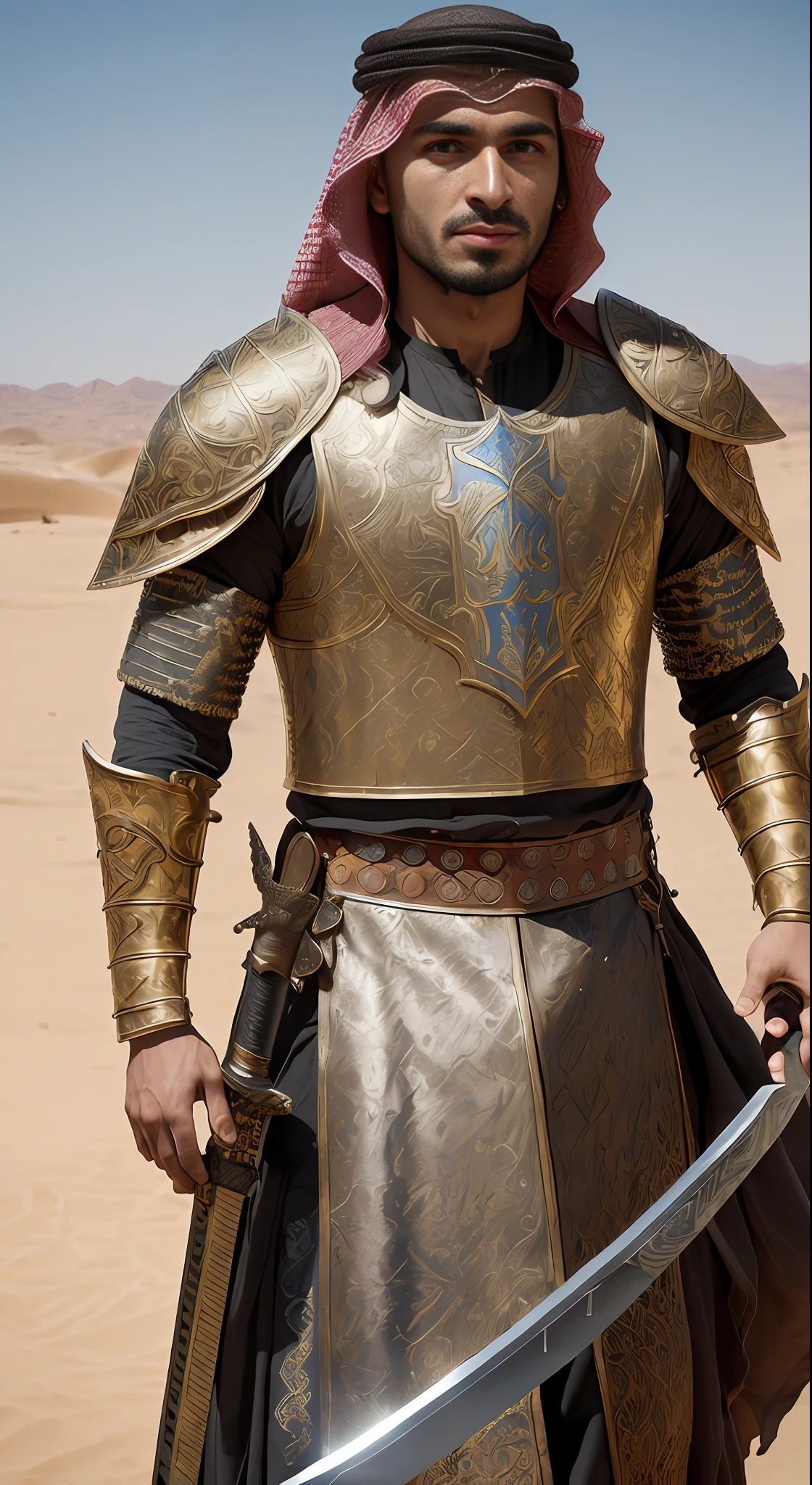 (masterpiece, 8K, UHD, photo-realistic:1.3), (Khalid ibn al-Walid:1.2), fierce look, ancient Arab battle armor, ornate details, chainmail and plate, (traditional Arab sword:1.4), gleaming under the desert sun, leading a charge of his warriors, faces determined, sand swirling, battlefield backdrop, piercing midday sun, dynamic angle, realistic style.