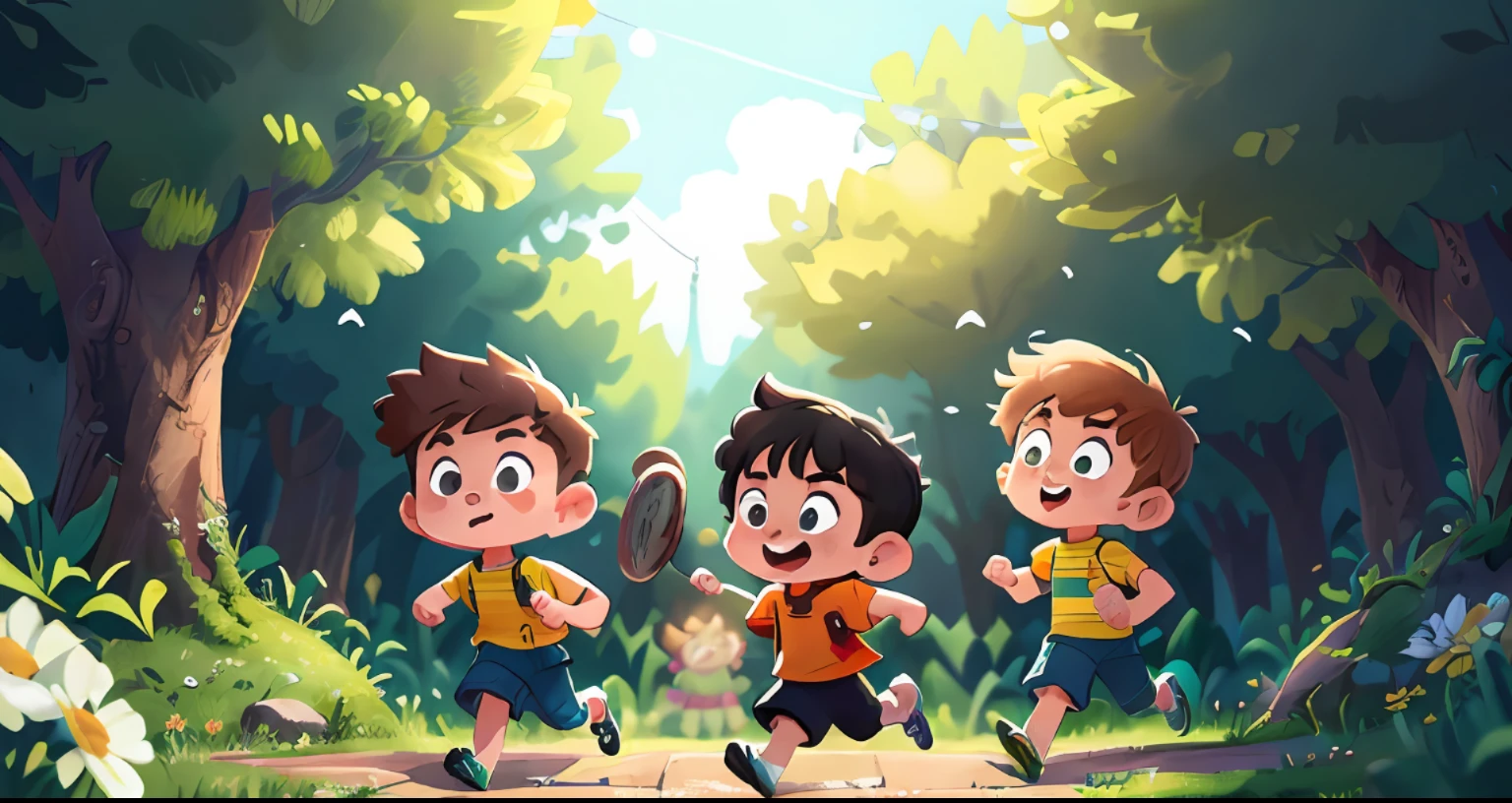 (extremely detailed CG unity 8k wallpaper,masterpiece, best quality, ultra-detailed),(best illumination, best shadow, an extremely delicate and beautiful),(1boy),black hair, bright and wide open eyes, male teenager, a dynamic pose, wise, reflective, pondering, on a vast green field, with Lucas, a cunning boy, by his side, Sofia, a brave girl, confident and bold, and even Pedro, a playful boy, happily running ahead.