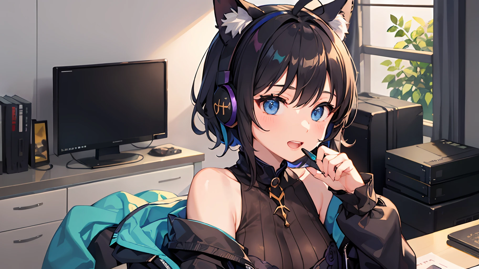Anime girl with cat ears and headphones sitting in front of a computer ...