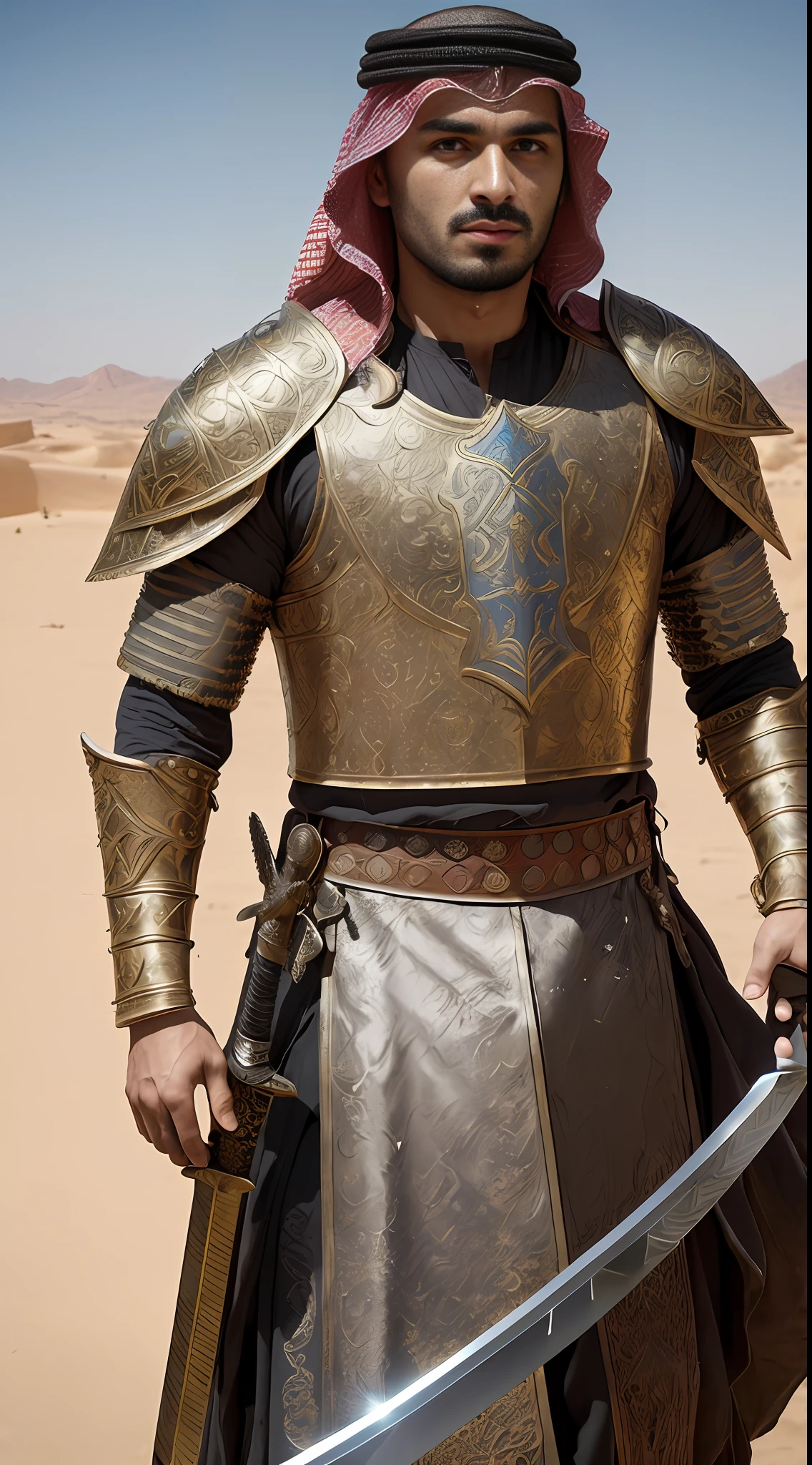 (masterpiece, 8K, UHD, photo-realistic:1.3), (Khalid ibn al-Walid:1.2), fierce look, ancient Arab battle armor, ornate details, chainmail and plate, (traditional Arab sword:1.4), gleaming under the desert sun, leading a charge of his warriors, faces determined, sand swirling, battlefield backdrop, piercing midday sun, dynamic angle, realistic style.