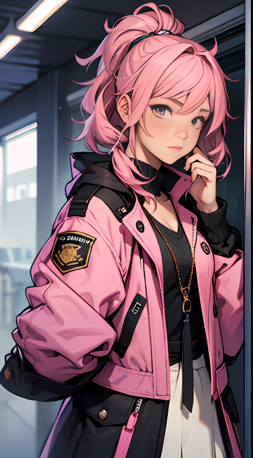 32K, Best quality, 巨作, Super detail, High details,A female captain with pink hair and a pink coat，A nervous expression