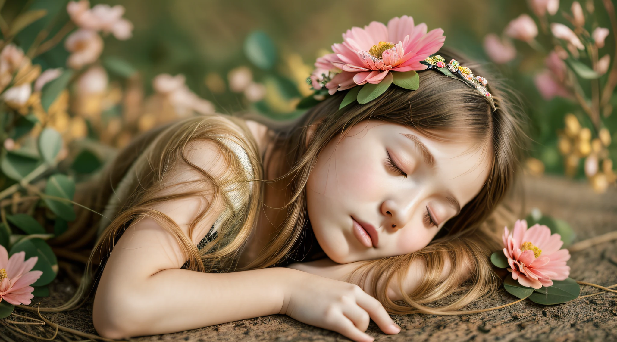 there is a young CHILD girl with a flower in her hair, beautiful languid princess, cute young girl, sleepy fashion model face, flower child, sleeping princess!!!!, girl with a flower head, beautiful young girl, beautiful young girl, beautiful young model, young woman with closed eyes, blond-haired princess, sleepy expression, beautiful girl, wearing a headband
