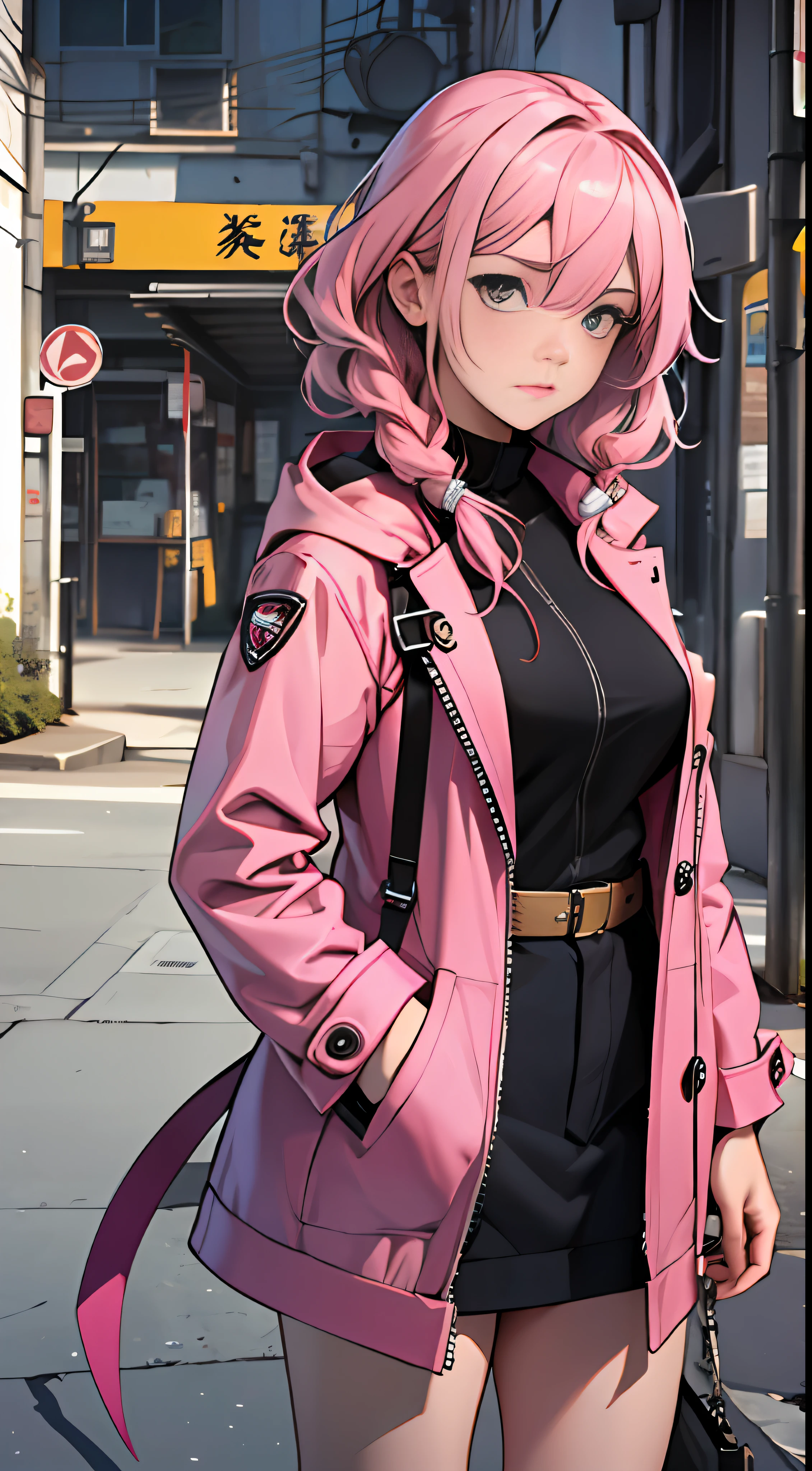 32K, Best quality, 巨作, Super detail, High details,A female captain with pink hair and a pink coat,A look of surprise