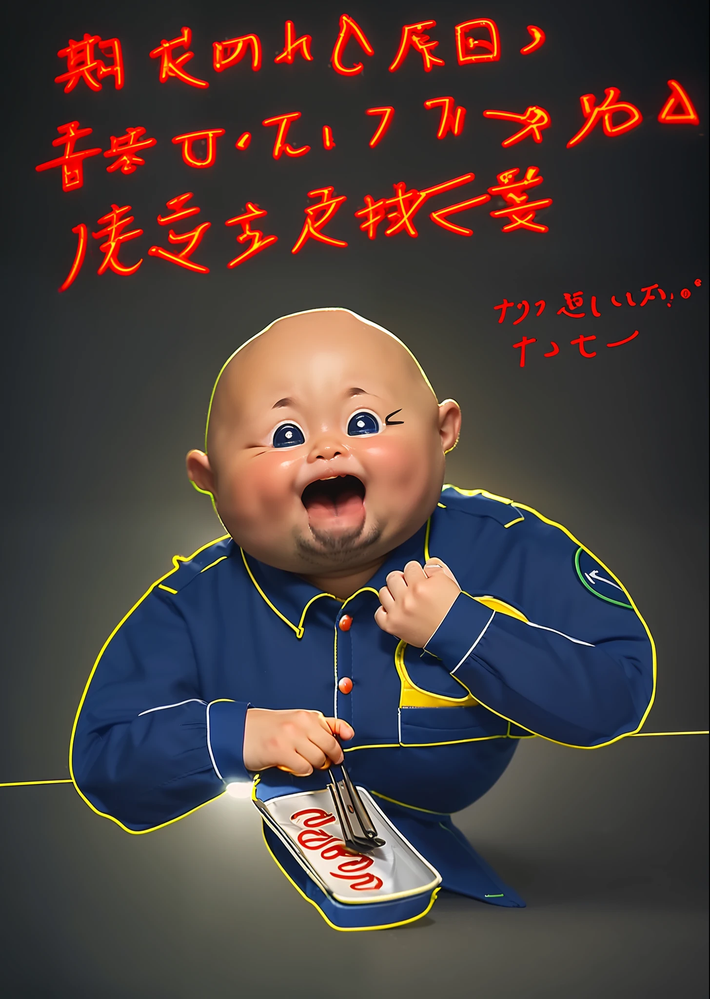 (8K、4K、Top image quality、A high resolution:1.2)、(Masteristic、realisitic、photoRealstic:1.37) 、Fat bald-headed guard、Mouth open、drool dripping from the mouth、Yakisoba in a transparent square pack、chopstick、Shintei Security Uniform