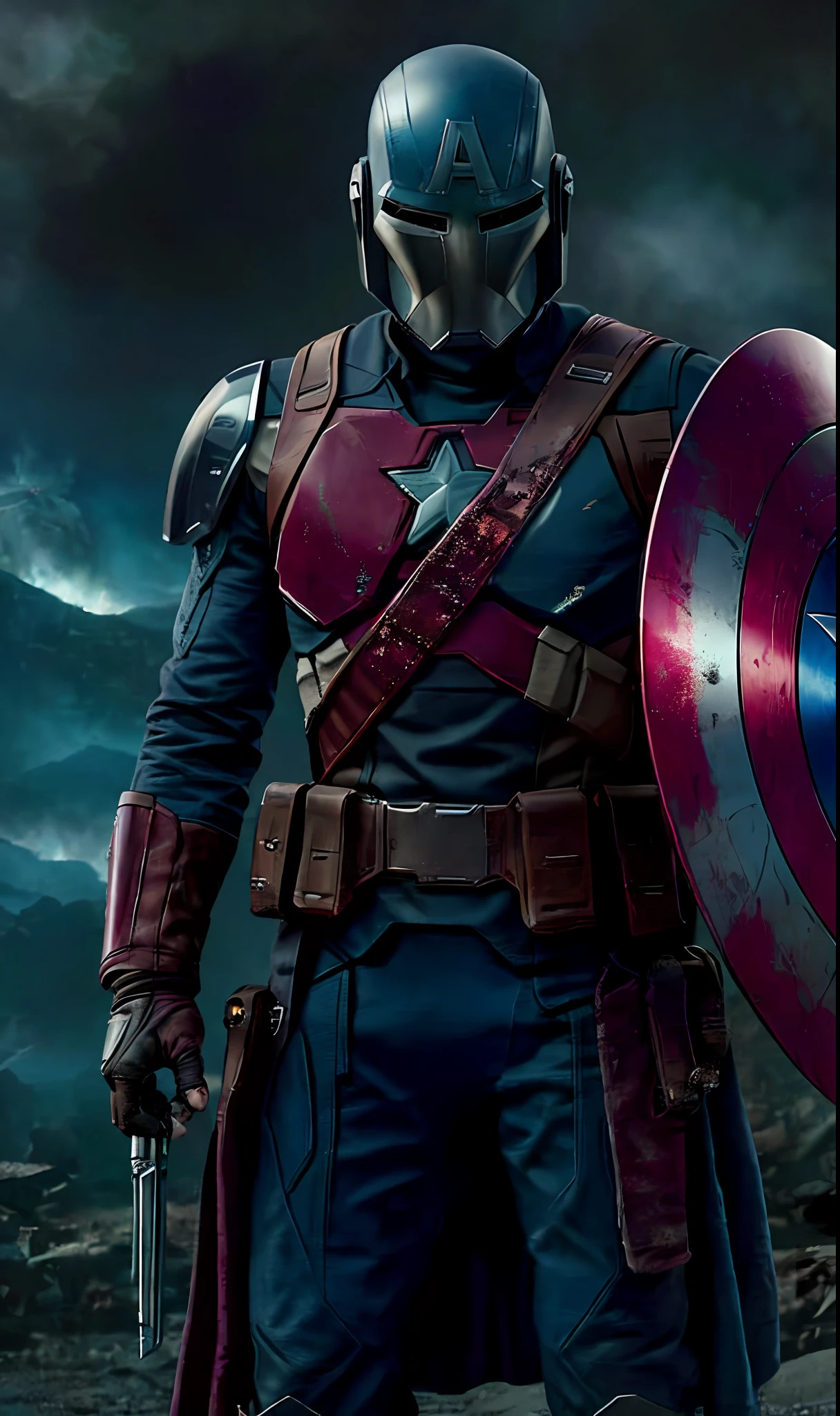 An ultra-realistic and extremely detailed portrait of Captain America as a Mandalorian, wearing a helmet that combines the winged design and the letter A of his classic mask with the T-shaped format of the traditional Mandalorian helmets. The helmet’s reflection shows the intensity of the battle around him, with explosions, lasers and spaceships. He holds his iconic shield, which now has a mix of vibranium and beskar steel, reflecting the world around him on its polished surface. His posture is vigilant and ready for combat. The backdrop is a dark and smoky battlefield, under a cloudy sky, as if rendered by Unreal Engine 5, giving a tangible sense of imminent danger and high stakes. This piece has an anime influence, inspired by the Niji model, adding a stylized edge to the hyper-realism. The portrait orientation with a ratio of 9:16 completes the epic composition. BREAK