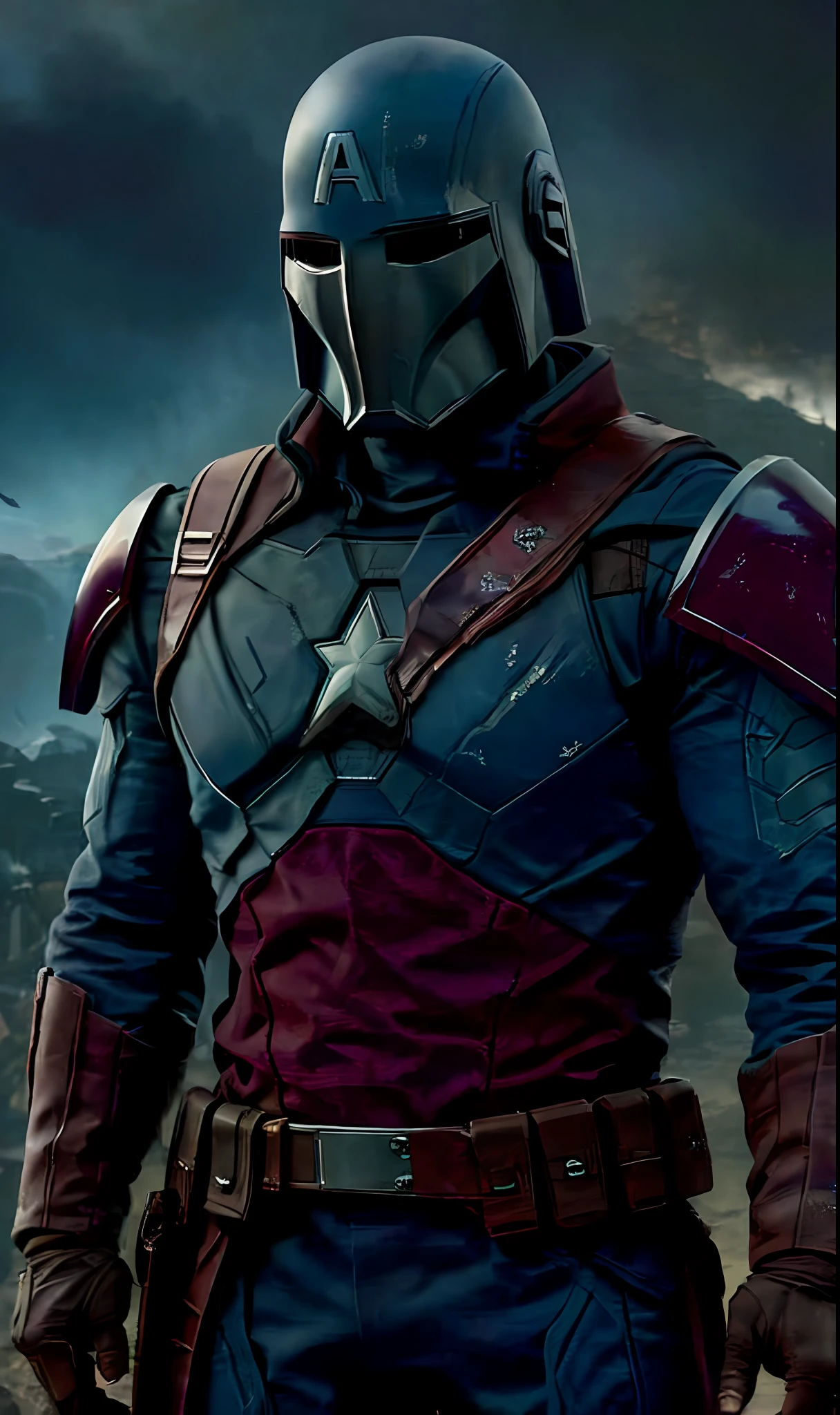 An ultra-realistic and extremely detailed portrait of Captain America as a Mandalorian, wearing a helmet that combines the winged design and the letter A of his classic mask with the T-shaped format of the traditional Mandalorian helmets. The helmet’s reflection shows the intensity of the battle around him, with explosions, lasers and spaceships. He holds his iconic shield, which now has a mix of vibranium and beskar steel, reflecting the world around him on its polished surface. His posture is vigilant and ready for combat. The backdrop is a dark and smoky battlefield, under a cloudy sky, as if rendered by Unreal Engine 5, giving a tangible sense of imminent danger and high stakes. This piece has an anime influence, inspired by the Niji model, adding a stylized edge to the hyper-realism. The portrait orientation with a ratio of 9:16 completes the epic composition. BREAK