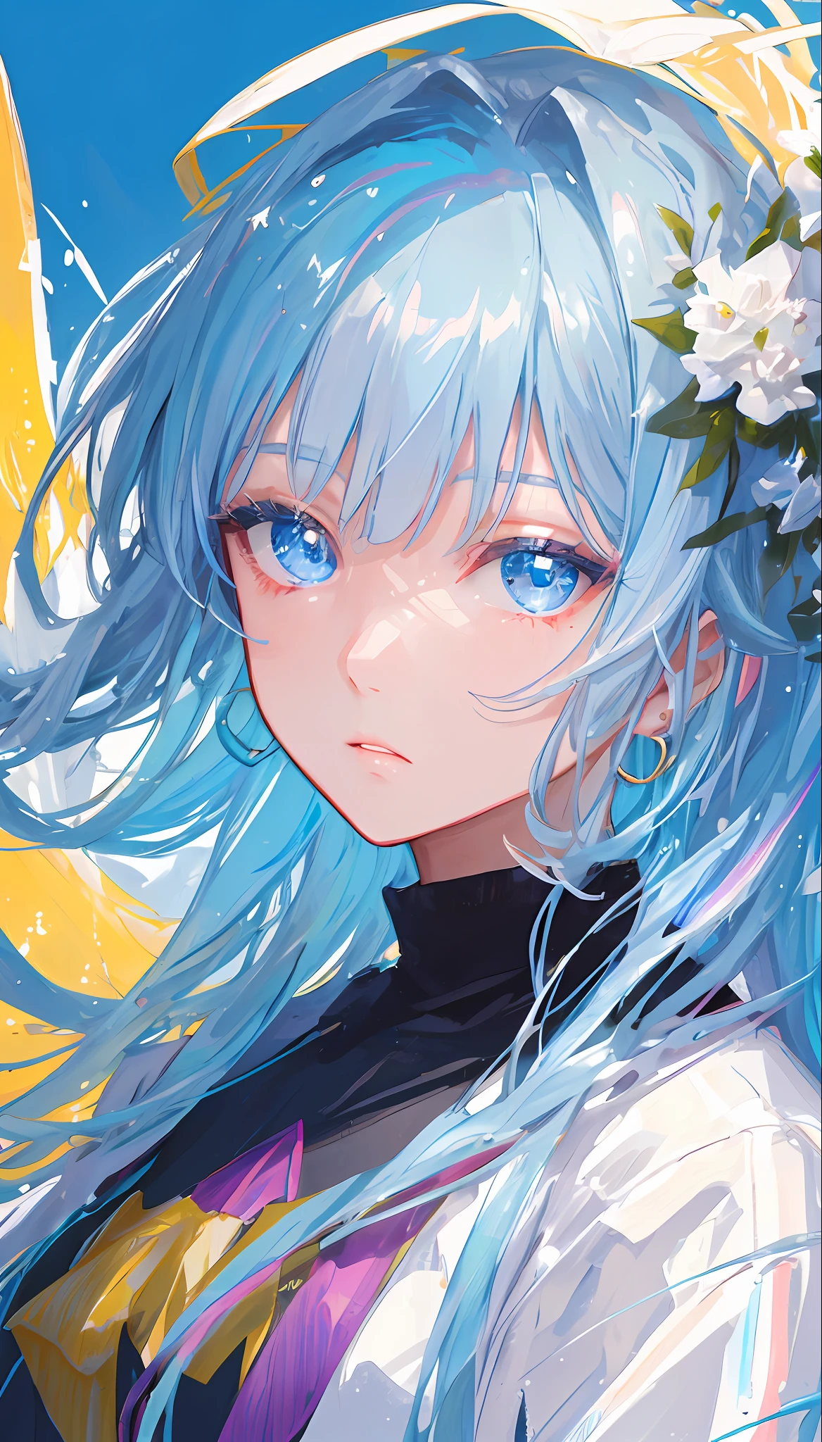 (masterpiece), (best quality), (ultra detailed),(disheveled hair),(illustration), (1girl), (Fashionable clothing), standing, Fashion model, looking at viewer, (interview), (simple background),beautiful detailed eyes, delicate beautiful face, Floating,(high saturation),(colorful splashes),colorful bubble,(shining), focus on face, kamisato ayaka, light blue hair, bangs, hair ring, floating flowers, floating hairs.Girl, anime waifu, looking at viewer, highlydetailed, reflections transparent iridescent colors, long transparent iridescent RGB hair, artby Serafleur from artstation, thick acrylic,illustration on pixiv, waist up portrait, gorgeoussacred girl, best quality, ultra detailed,sad,clever,beautiful face , beautiful lighton black background, Character stvle renderedby Octane,