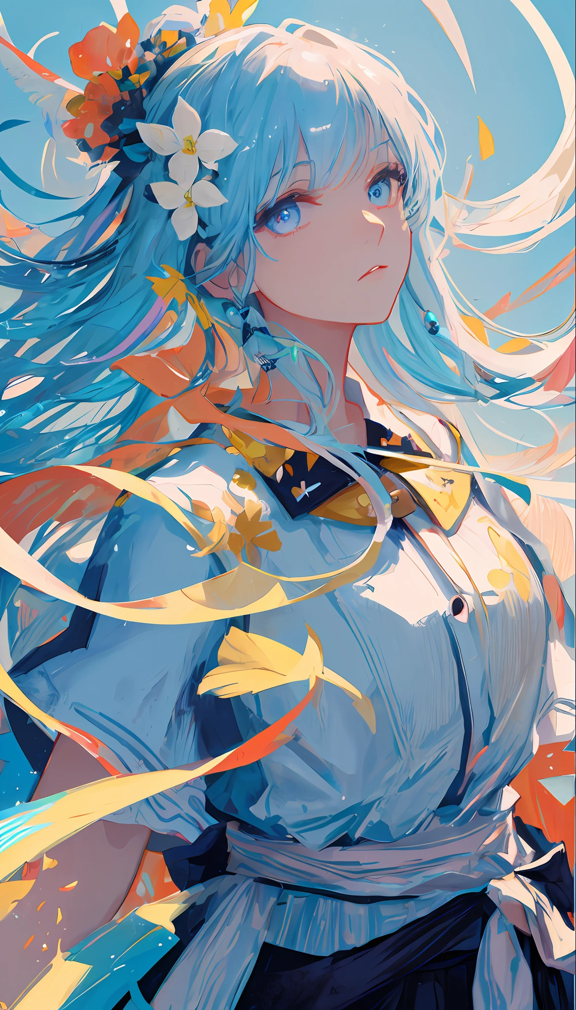 (masterpiece), (best quality), (ultra detailed),(disheveled hair),(illustration), (1girl), (Fashionable clothing), standing, Fashion model, looking at viewer, (interview), (simple background),beautiful detailed eyes, delicate beautiful face, Floating,(high saturation),(colorful splashes),colorful bubble,(shining), focus on face,  kamisato ayaka, light blue hair, bangs, hair ring, floating flowers, floating hairs.Girl, anime waifu, looking at viewer, highlydetailed, reflections transparent iridescent colors, long transparent iridescent RGB hair, artby Serafleur from artstation, thick acrylic，illustration on pixiv, waist up portrait, gorgeoussacred girl, best quality, ultra detailed,sad,clever,beautiful face , beautiful lighton black background, Character stvle renderedby Octane,