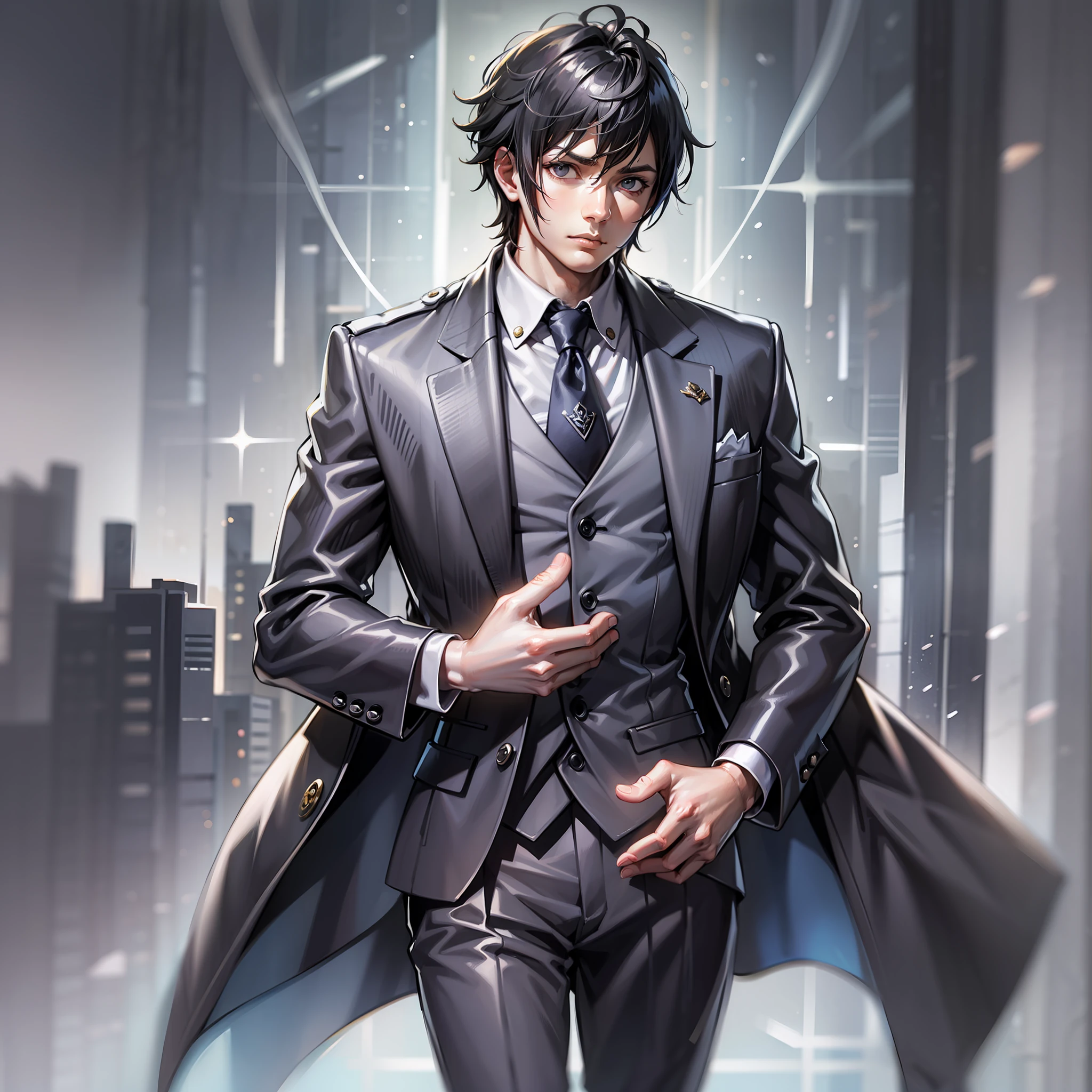 (An artwork of) a mature man with black hair, wearing a stylish suit, standing firm and tall with an elegant demeanor that catches the eye and exudes a calm expression.