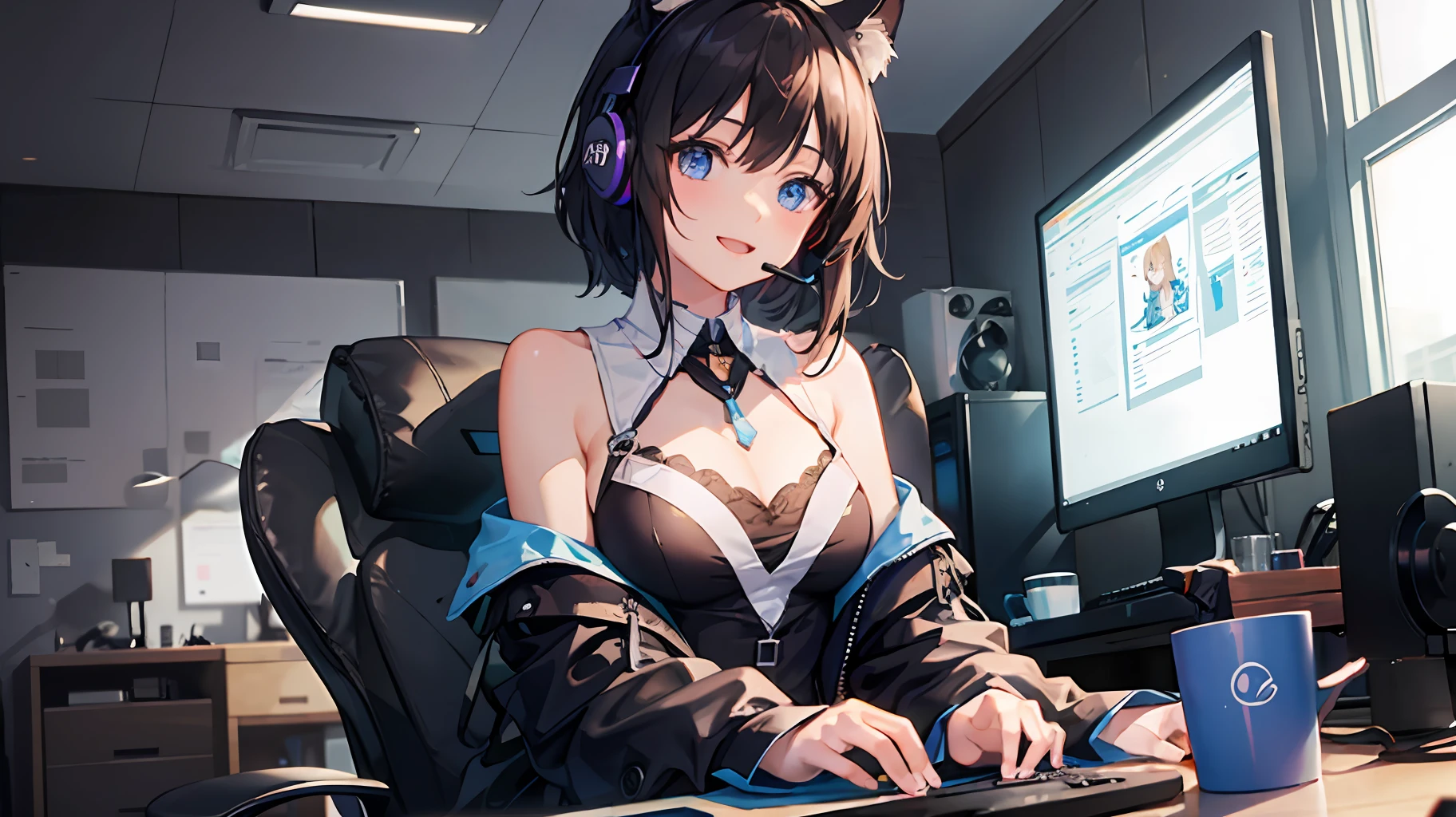 ((beste-Qualit))、((a masterpiece of))、((ultra-definition))、(illustratio)、(Fine light)、(Extremely delicate and beautiful)、(((独奏)))、1 girl in、(((beautiful a girl)))、opened mouth、Tremendous smile、(dark-haired), (Black cat ears), (Ahoge), (absurdly short hair), (Maeby Hair), (Blue eyes),Sitting in gaming chair on background PC desk、mideum breasts、fullllbody、Wearing a headset