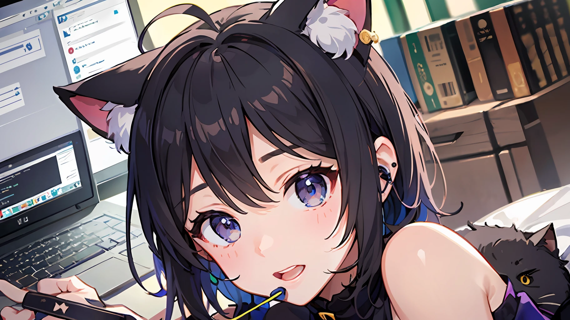 ((beste-Qualit))、((a masterpiece of))、((ultra-definition))、(illustratio)、(Fine light)、(Extremely delicate and beautiful)、(((独奏)))、1 girl in、(((beautiful a girl)))、opened mouth、Tremendous smile、(dark-haired), (Black cat ears), (Ahoge), (absurdly short hair), (Maeby Hair), (Blue eyes),Background PC sat at desk、mideum breasts、fullllbody、Wearing earphones、