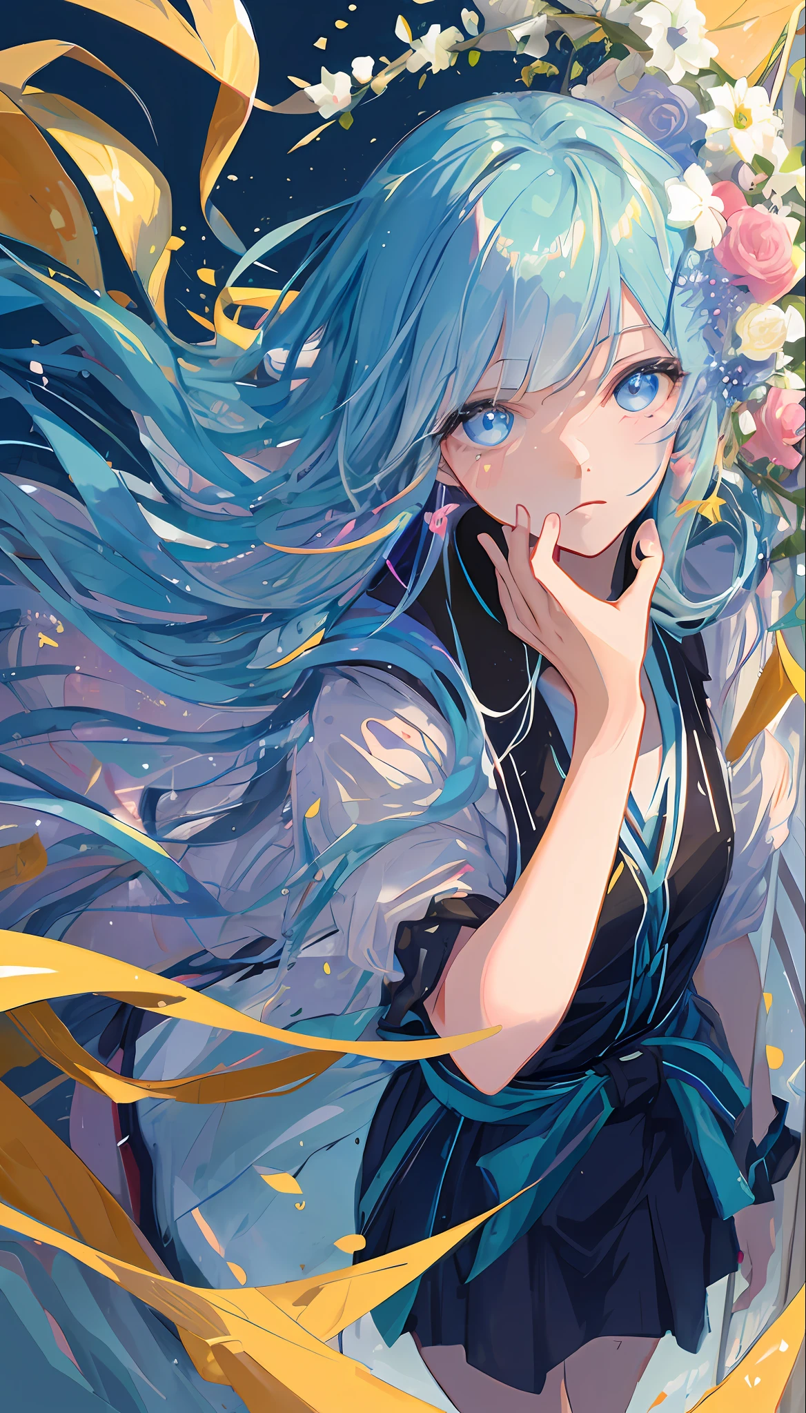 (masterpiece), (best quality), (ultra detailed),(disheveled hair),(illustration), (1girl), (Fashionable clothing), standing, Fashion model, looking at viewer, (interview), (simple background),beautiful detailed eyes, delicate beautiful face, Floating,(high saturation),(colorful splashes),colorful bubble,(shining), focus on face,  kamisato ayaka, light blue hair, bangs, hair ring, floating flowers, floating hairs.Girl, anime waifu, looking at viewer, highlydetailed, reflections transparent iridescent colors, long transparent iridescent RGB hair, artby Serafleur from artstation, thick acrylic，illustration on pixiv, waist up portrait, gorgeoussacred girl, best quality, ultra detailed,sad,clever,beautiful face , beautiful lighton black background, Character stvle renderedby Octane,