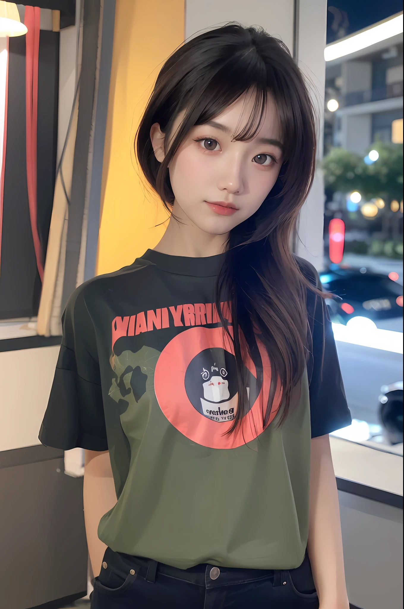 1girl,close-up,night, t-shirt,, 8k, RAW photo, best quality, masterpiece,realistic, photo-realistic,
