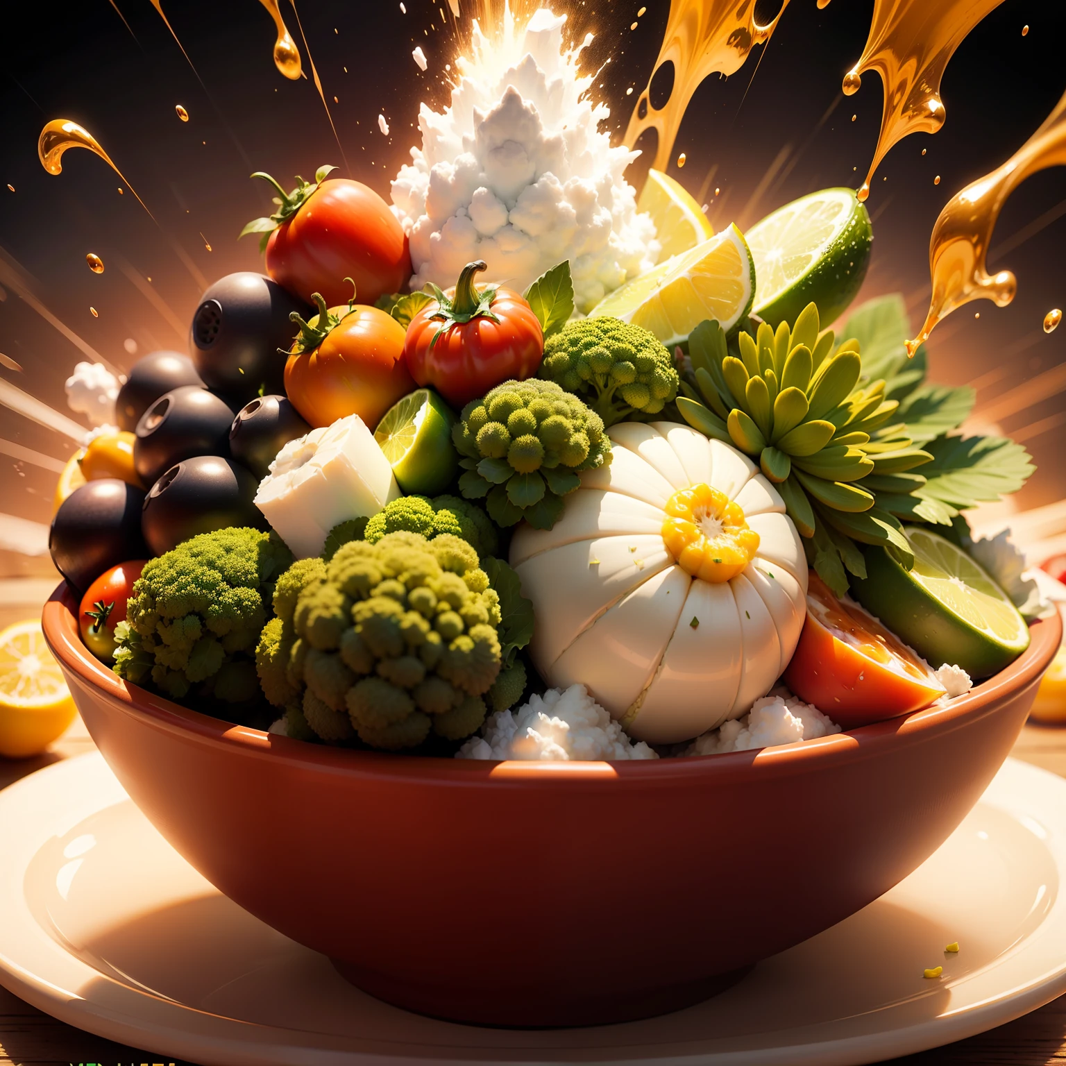 8K illustration of a realistic redmond white Styrofoam marmitex stuffed with refreshing salads with lettuce,Tomates,broccoli,tomates cereja,yellow peppers,talo de salsa verde,mint leaves hyperrealistic wave of vegetables exploding out of it. Use tons vibrantes de vermelho, amarelo, verde claro, verde escuro, vermelho, purple, yellow waves to intricately represent splashes and explosions of paint, criando uma cena cheia de energia, Movement and explosion,8k --auto