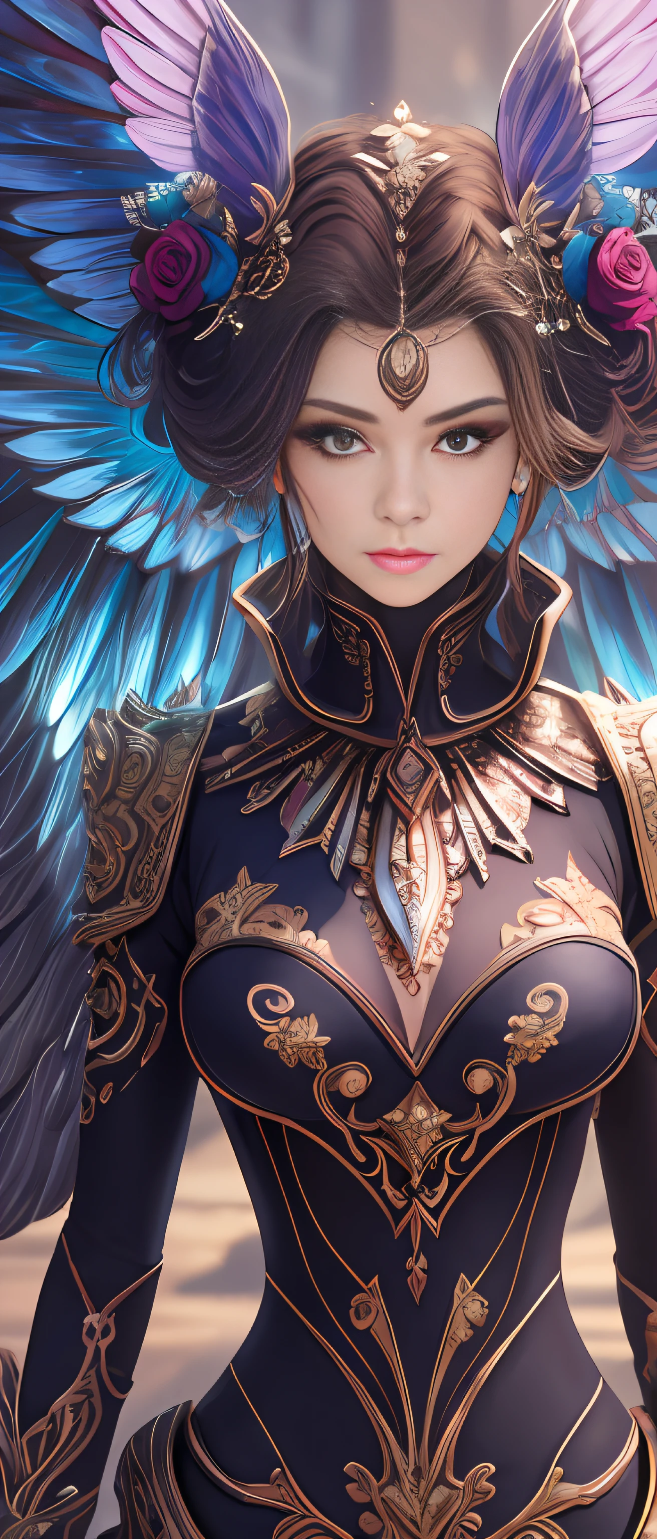 masterpaintings， the best quality， hightquality， （A futuristic：1.1）， cinematiclight， （Exquisite future）， Beautiful and beautiful， superdetailed， great composition， floatking， depth of ﬁeld， Cowboy photography，（Very detailed CG，Unity 8k wallpaper），1 Mech Angel，glowing eyes,Perfectly symmetrical wings，Damascus Titanium pattern，Rose quartz color matching， Beautiful hair details，insanely detailed and intricate, hypermaximalist, elegant, opulent, Ultra photo realsisim, Super detailed，