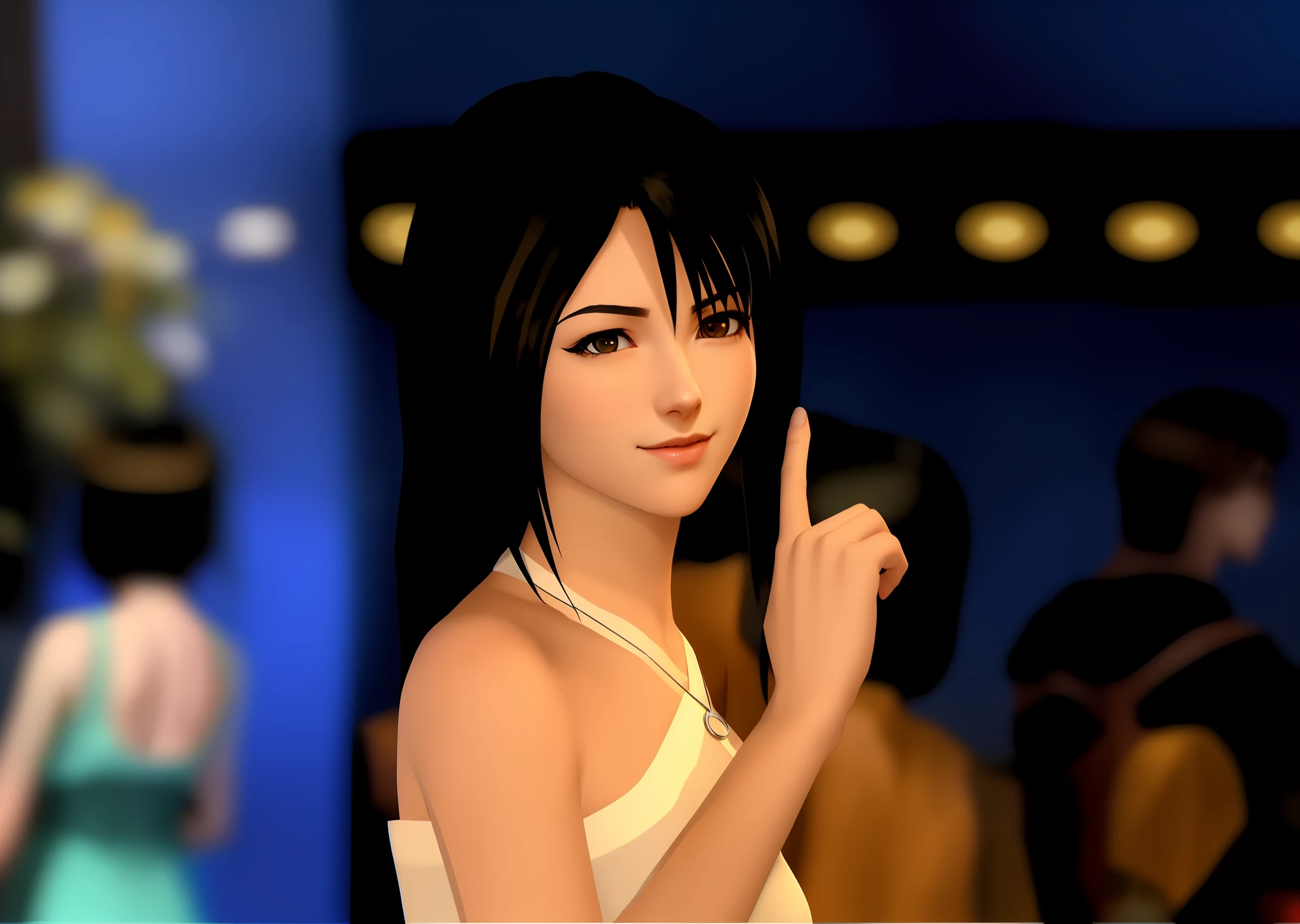 Rinoa Heartilly, dark brown eyes, white dress, wearing a silver necklace with a silver ring as a pendant, anime girl with black hair and white dress pointing at camera, Glamour Tifa Lockheart, Tifa, seductive tifa lockhart portrait, Portrait de Tifa Lockhart, Tifa Lockhart, Tifa Lockheart, Portrait de Tifa Lockhart, Nico Robin, Tifa Lockhart aux cheveux blancs, beautiful avatar pictures, from ff7, anime styled 3d, Smooth anime CG Art