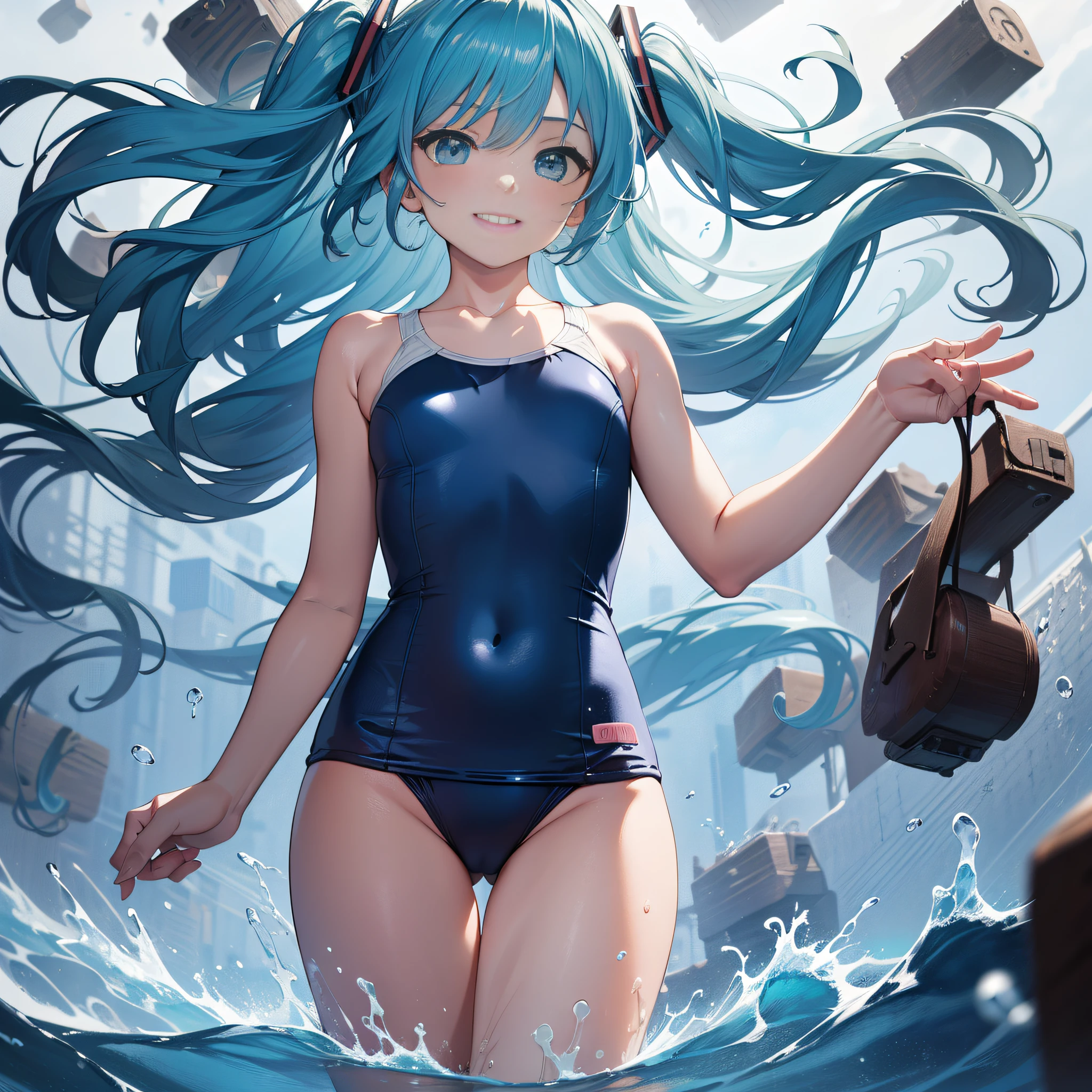 (masterpiece, best quality, 8k wallpaper:1.2), ultra detailed, absurdres, highres, flat chest, 1girl, looking at viewer,( hatune miku:1.3), happy, white , (laugh:1.1), long twintail, blue green hair, dancing, silky skin, beautiful eyes, focus on eyes, long hair flowing with the wind, beautiful smile line, flat chest, big blue eyes, shiny hair, (surrounded by heavy floating musical note flow:1.3), on the stage, (((glossy slippy smooth texture {blue|black} one-piece japanese school swimsuit:1.3))), from side behind, flat chest:1.3, realistic, realism, photorealistic, beautiful detailed eyes, beautiful detailed skin, beautiful detailed clothes, flat chest