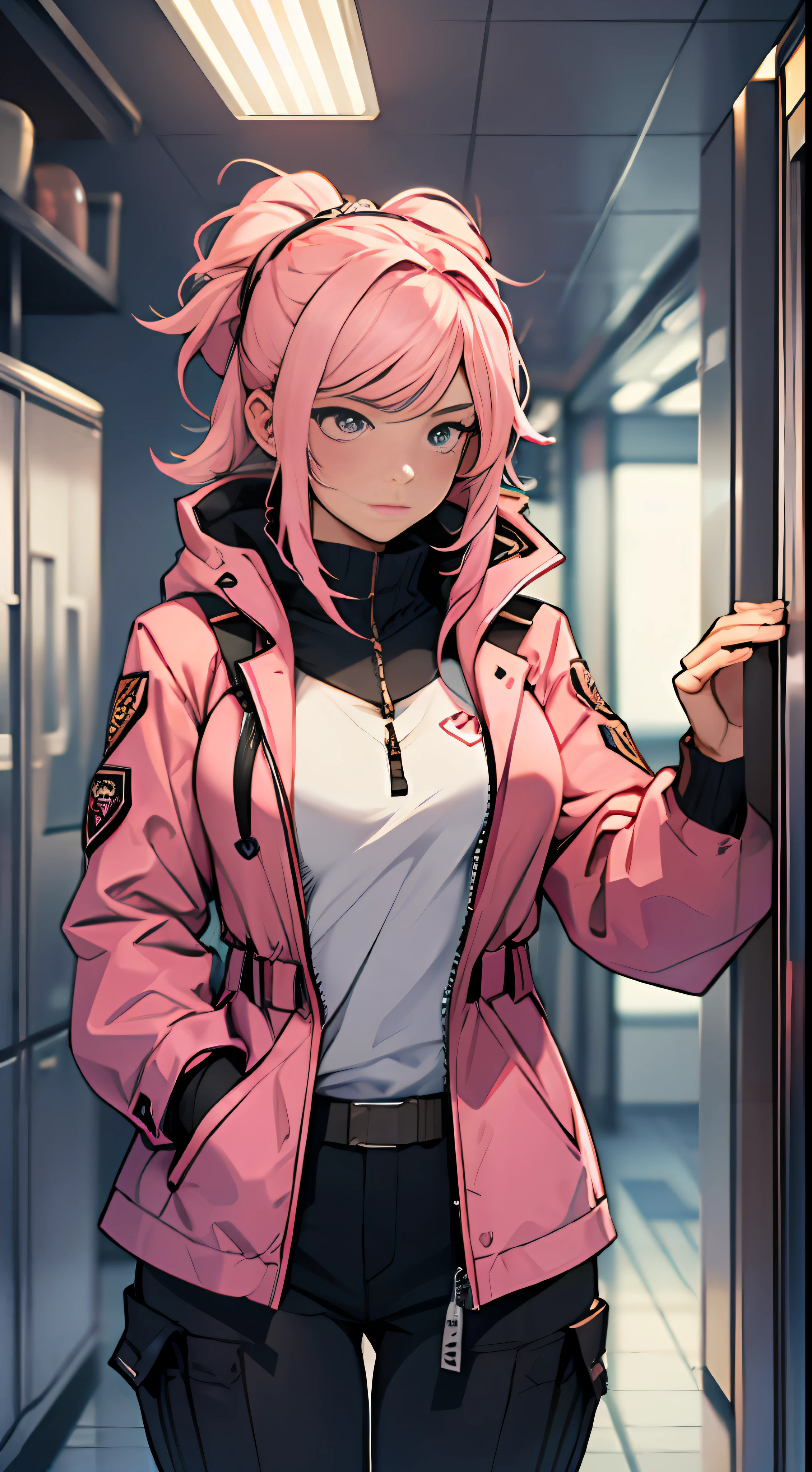 32K, Best quality, 巨作, Super detail, High details,A female captain with pink hair and a pink coat,A nervous expression