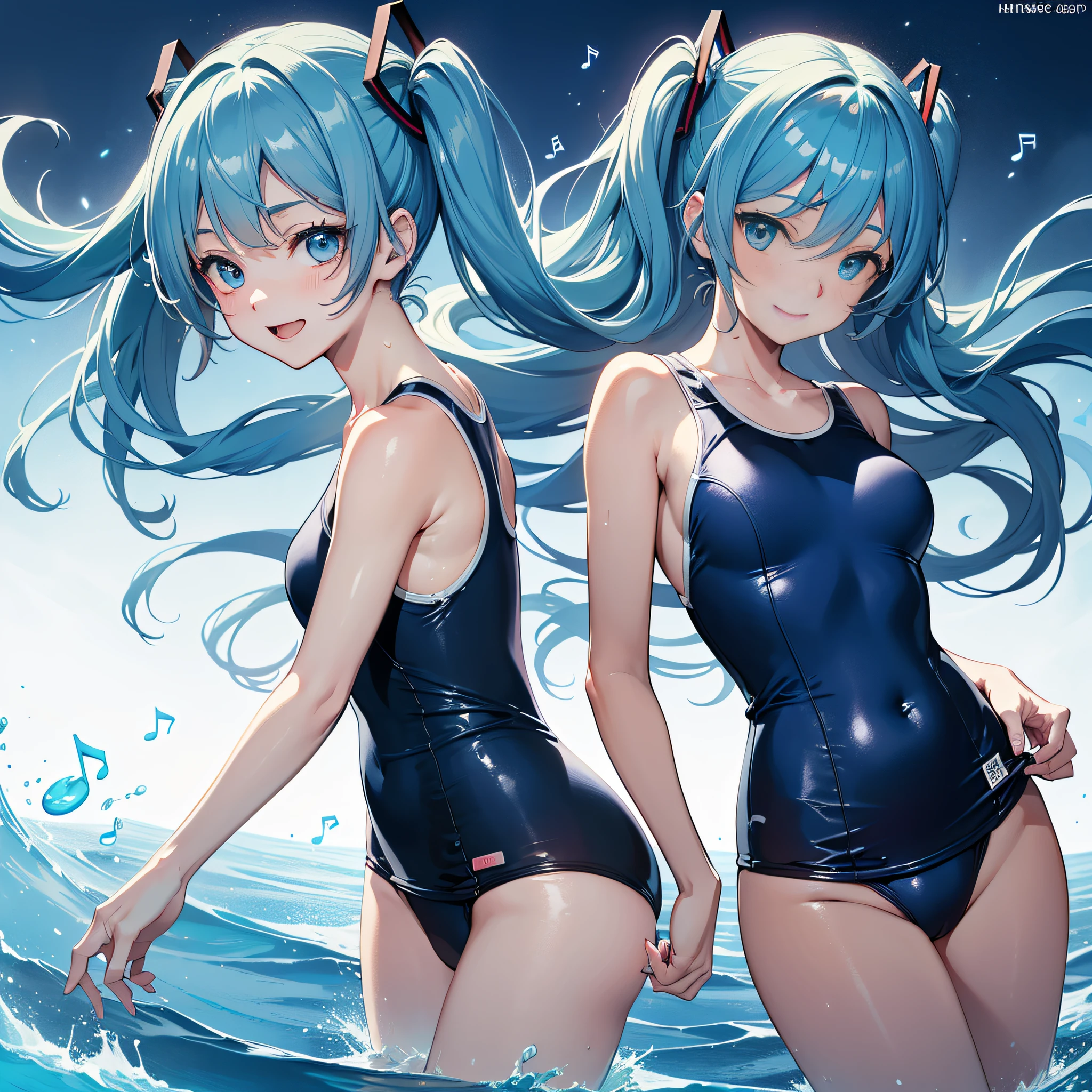 (masterpiece, best quality, 8k wallpaper:1.2), ultra detailed, absurdres, highres, 1girl, looking at viewer,( hatune miku:1.3), happy, white , (laugh:1.1), long twintail, blue green hair, dancing, silky skin, beautiful eyes, focus on eyes, long hair flowing with the wind, beautiful smile line, big blue eyes, shiny hair, (surrounded by heavy floating musical note flow:1.3), on the stage, (((glossy slippy smooth texture {blue|black} one-piece japanese school swimsuit:1.3))), from side behind, medium breasts, realistic, realism, photorealistic, beautiful detailed eyes, beautiful detailed skin, beautiful detailed clothes,