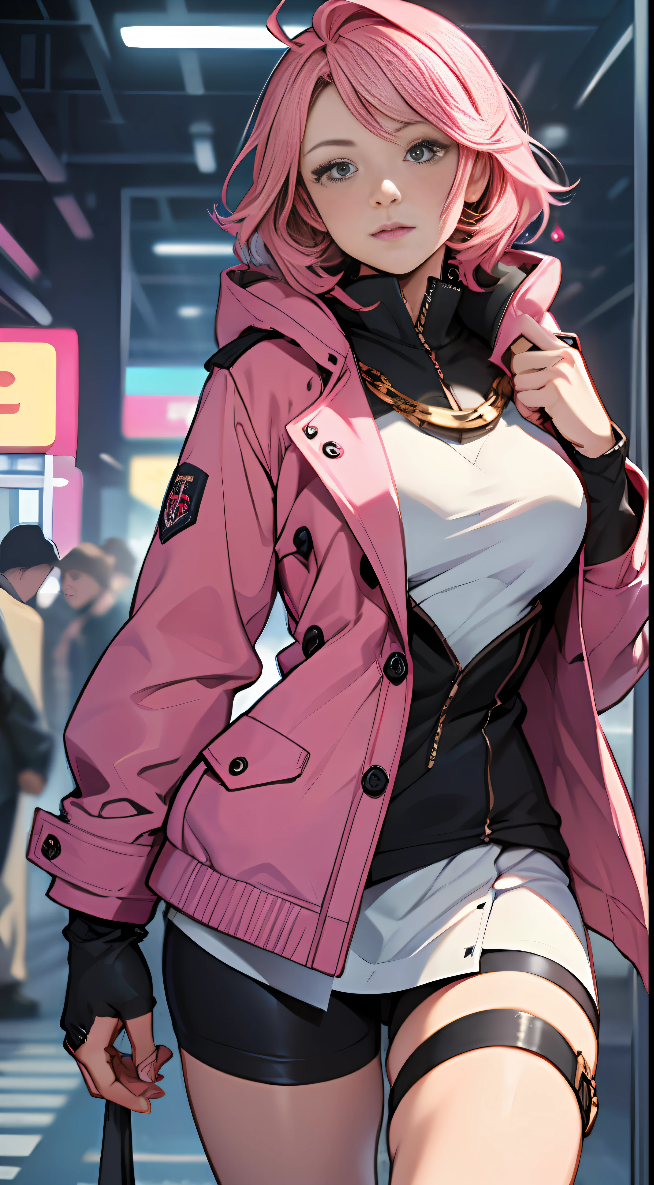 32K, Best quality, 巨作, Super detail, High details,A female captain with pink hair and a pink coat,A nervous expression