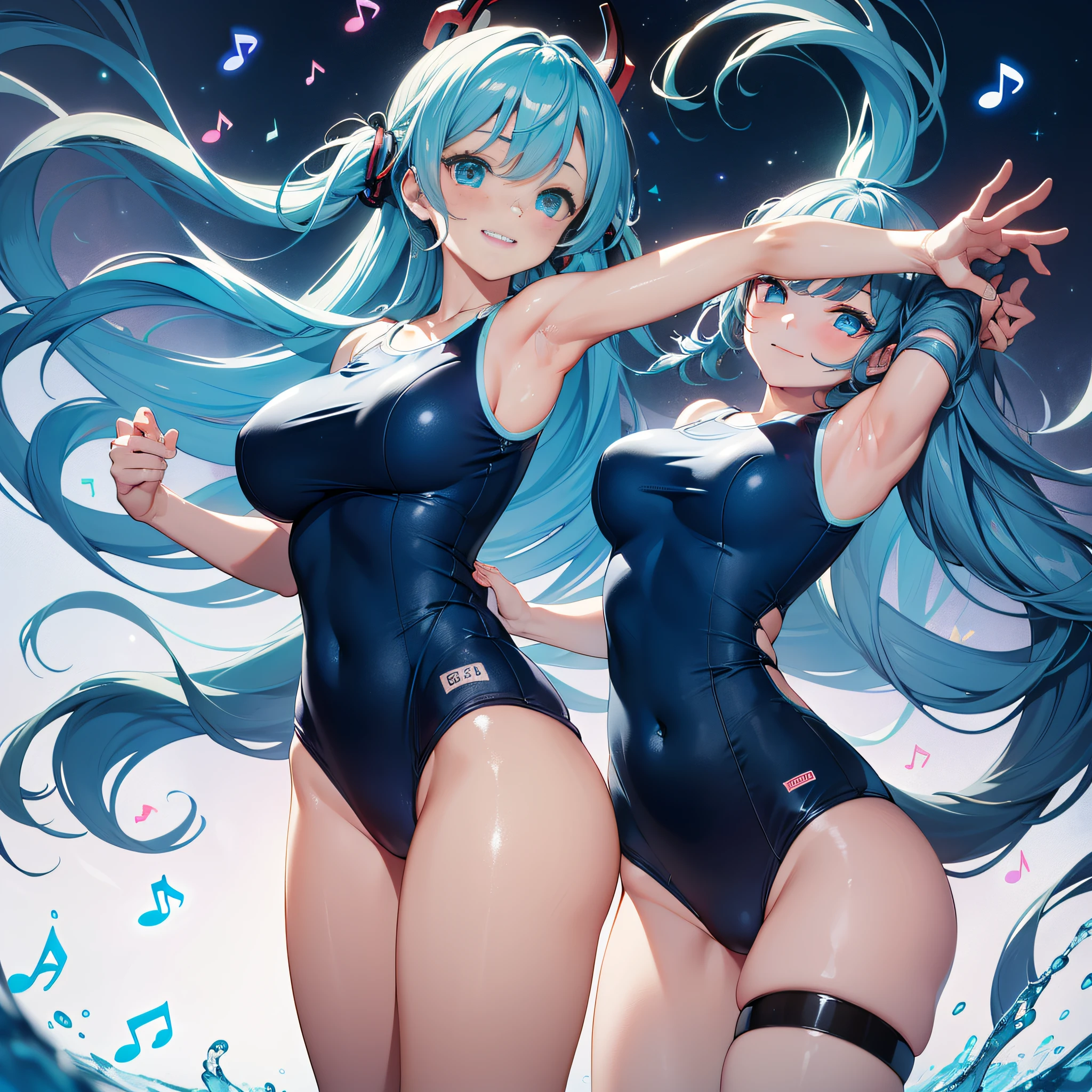 (masterpiece, best quality, 8k wallpaper:1.2), ultra detailed, absurdres, highres, 1girl, looking at viewer,( hatune miku:1.3), happy, white , (laugh:1.1), long twintail, blue green hair, dancing, silky skin, beautiful eyes, focus on eyes, long hair flowing with the wind, beautiful smile line, big blue eyes, shiny hair, (surrounded by heavy floating musical note flow:1.3), on the stage, (((glossy slippy smooth texture {blue|black} one-piece japanese school swimsuit:1.3))), from side behind, large breasts, realistic, realism, photorealistic, beautiful detailed eyes, beautiful detailed skin, beautiful detailed clothes,