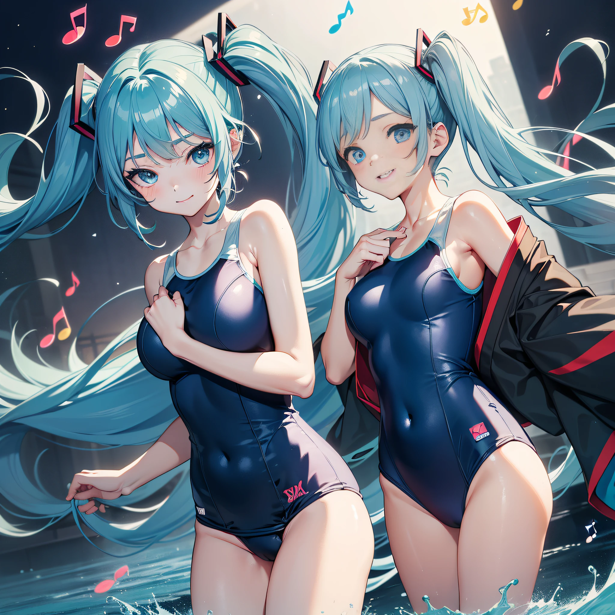 (masterpiece, best quality, 8k wallpaper:1.2), ultra detailed, absurdres, highres, 1girl, looking at viewer,( hatune miku:1.3), happy, white , (laugh:1.1), long twintail, blue green hair, dancing, silky skin, beautiful eyes, focus on eyes, long hair flowing with the wind, beautiful smile line, big blue eyes, shiny hair, (surrounded by heavy floating musical note flow:1.3), on the stage, (((glossy slippy smooth texture {blue|black} one-piece japanese school swimsuit:1.3))), from side behind, large breasts, realistic, realism, photorealistic, beautiful detailed eyes, beautiful detailed skin, beautiful detailed clothes,