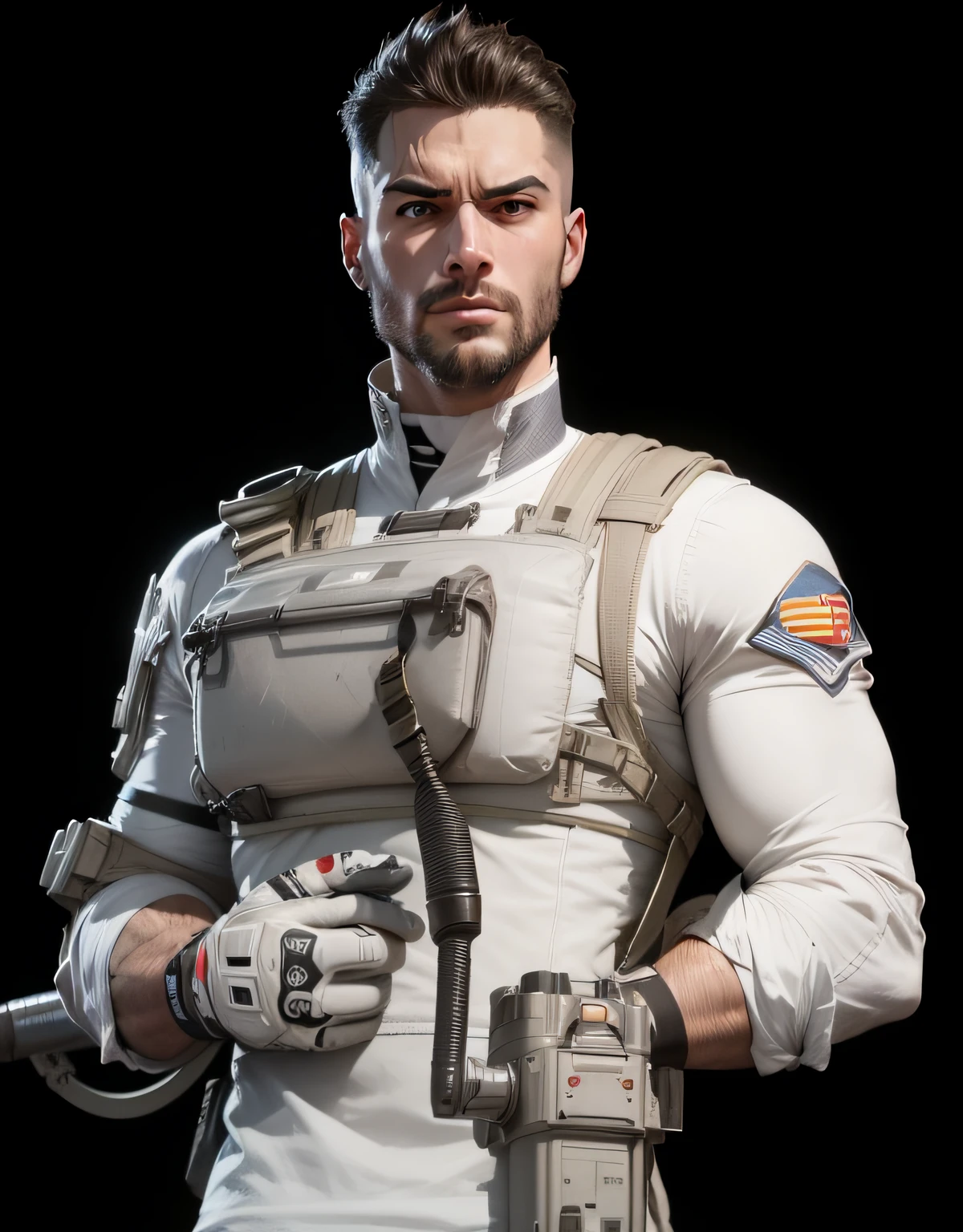 (melhor qualidade) (detalhada) baseado na imagem a cima crie uma foto de perfil para youtube com o personagem segurando uma arma, fundo da imagem colorida --auto