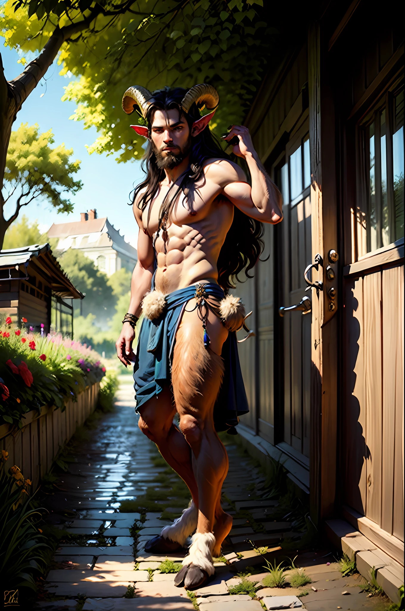 Masterpiece, HDR, UHD, Digital paining, Solo,short, male, Satyr, Faun, horns, fur pants, long hair, loincloth, fur pelt, mushrooms, flowers, goat, druid