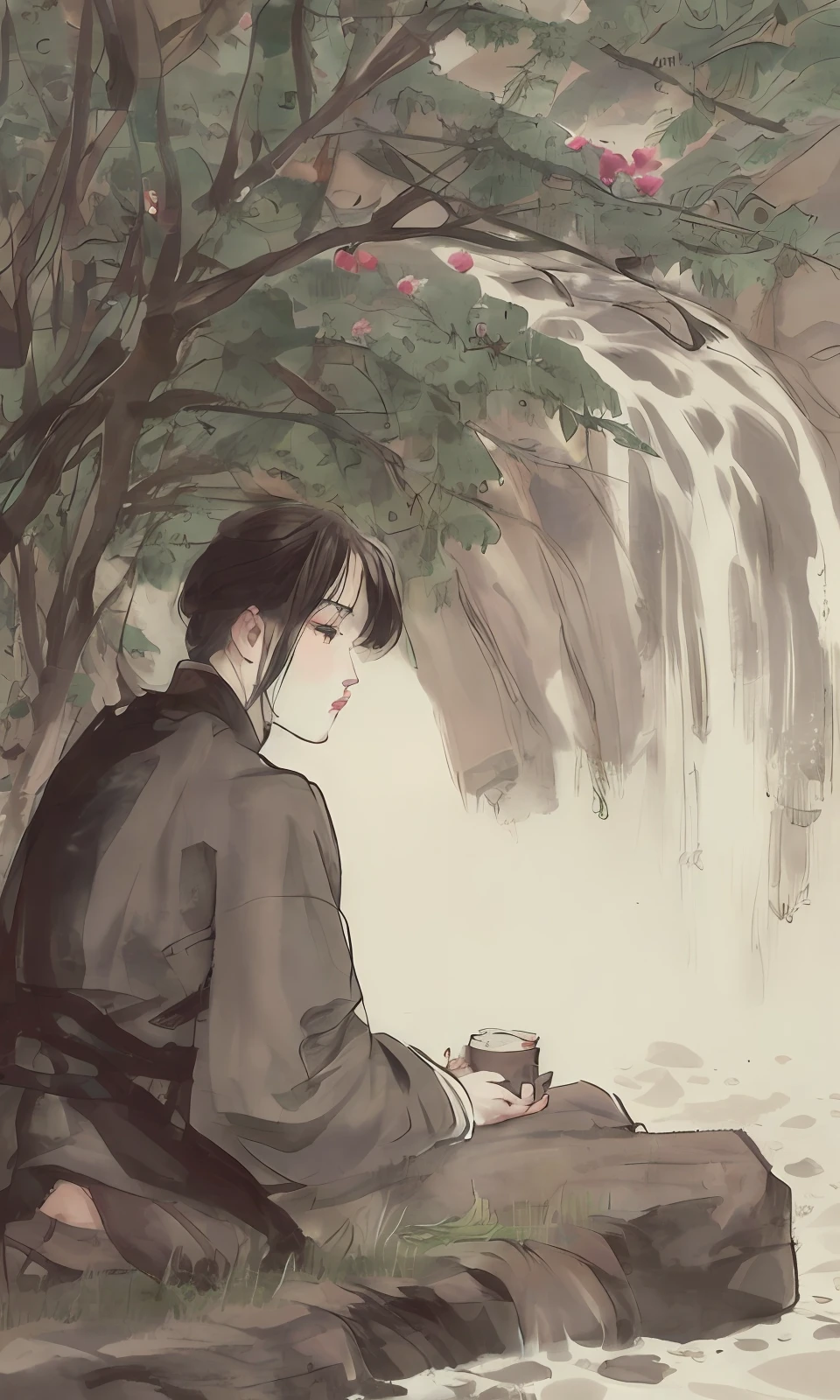 (Masterpiece, best quality: 1.2), traditional Chinese ink painting, large waterfalls between mountains, big rivers, grand, flying birds, an 18-year-old man in black Hanfu, a man with short hair wears black hanfu, sitting under a tree, sitting on green grass, masterpiece, handing a cup of tea