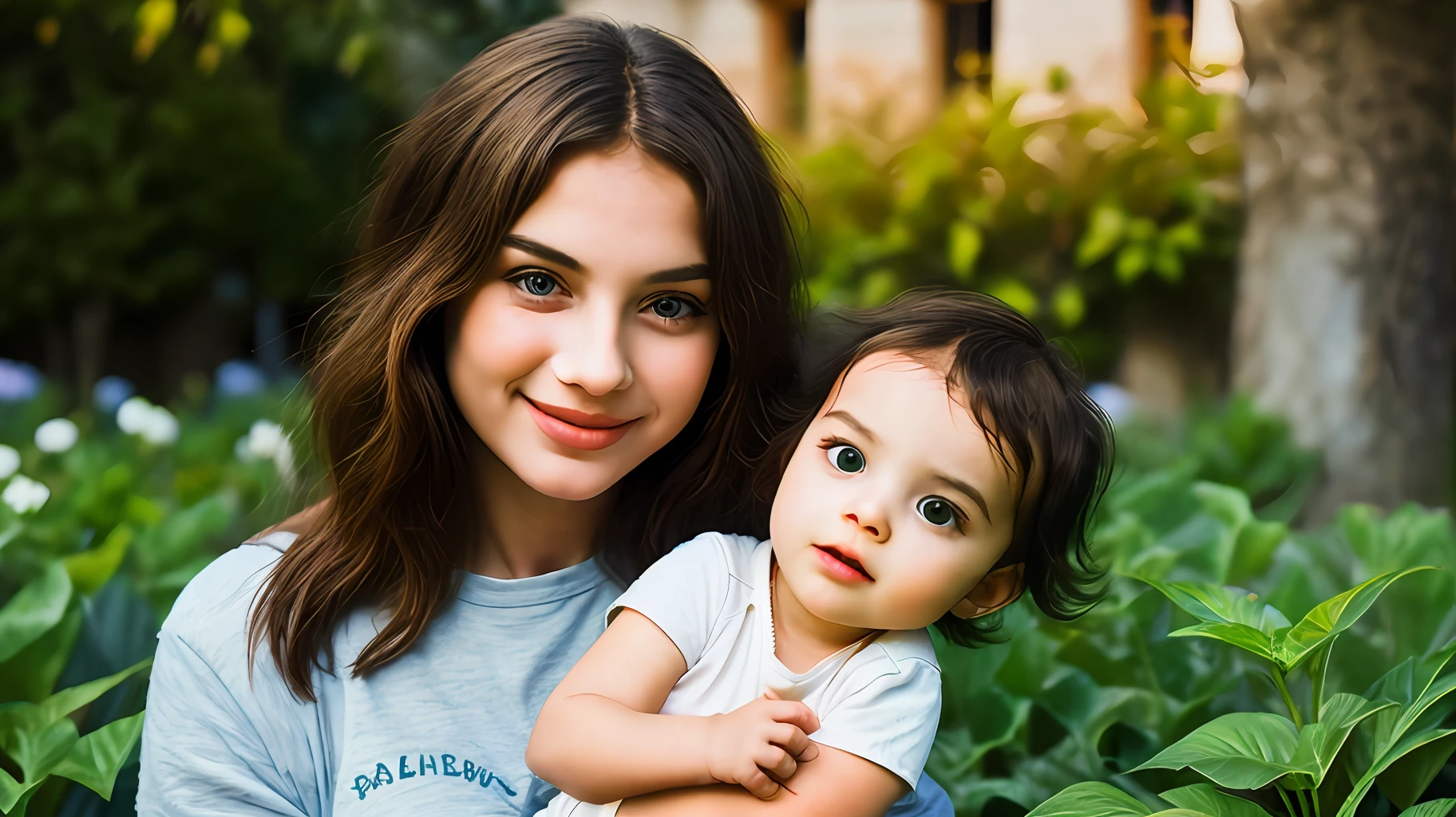 A girl sitting in a garden holding a recen baby born in her arms 1986 8k uhd, Dslr, soft ilumination, alta qualidade,