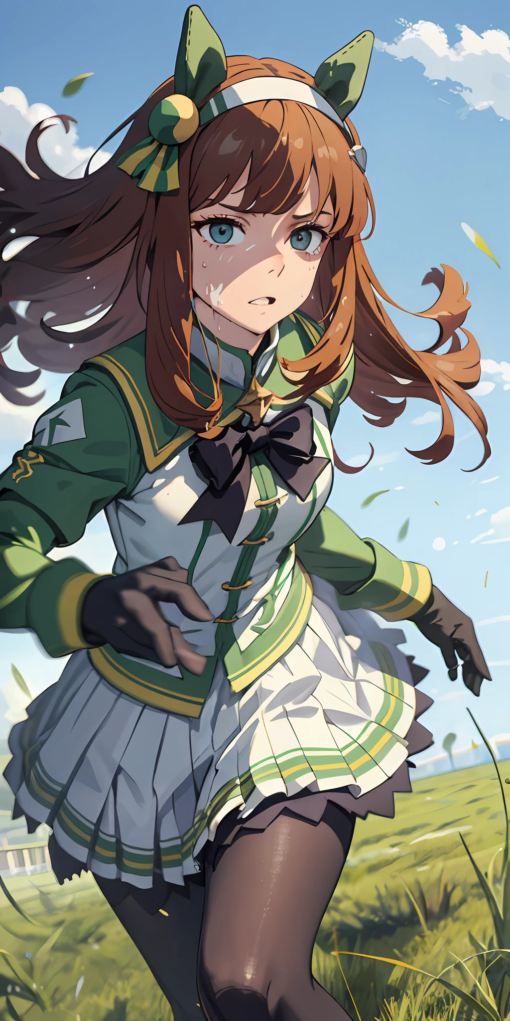 a masterpiece of、beste-Qualit、Running figures、Upper body wide angle、serious facial expression、Splattering sweat、Sweating
Silence Suzuka\(Umamusume\)、Black Gloves、White skirt、pleatedskirt、Black pantyhose、Layered sleeves、puffy short sleeves、Long sleeve short sleeve、Black bow、Flowing grass、Running at full speed、Forward leaning position:1.4、racecourse、 、Slouched、Black tights、turned around、glareing:1.4