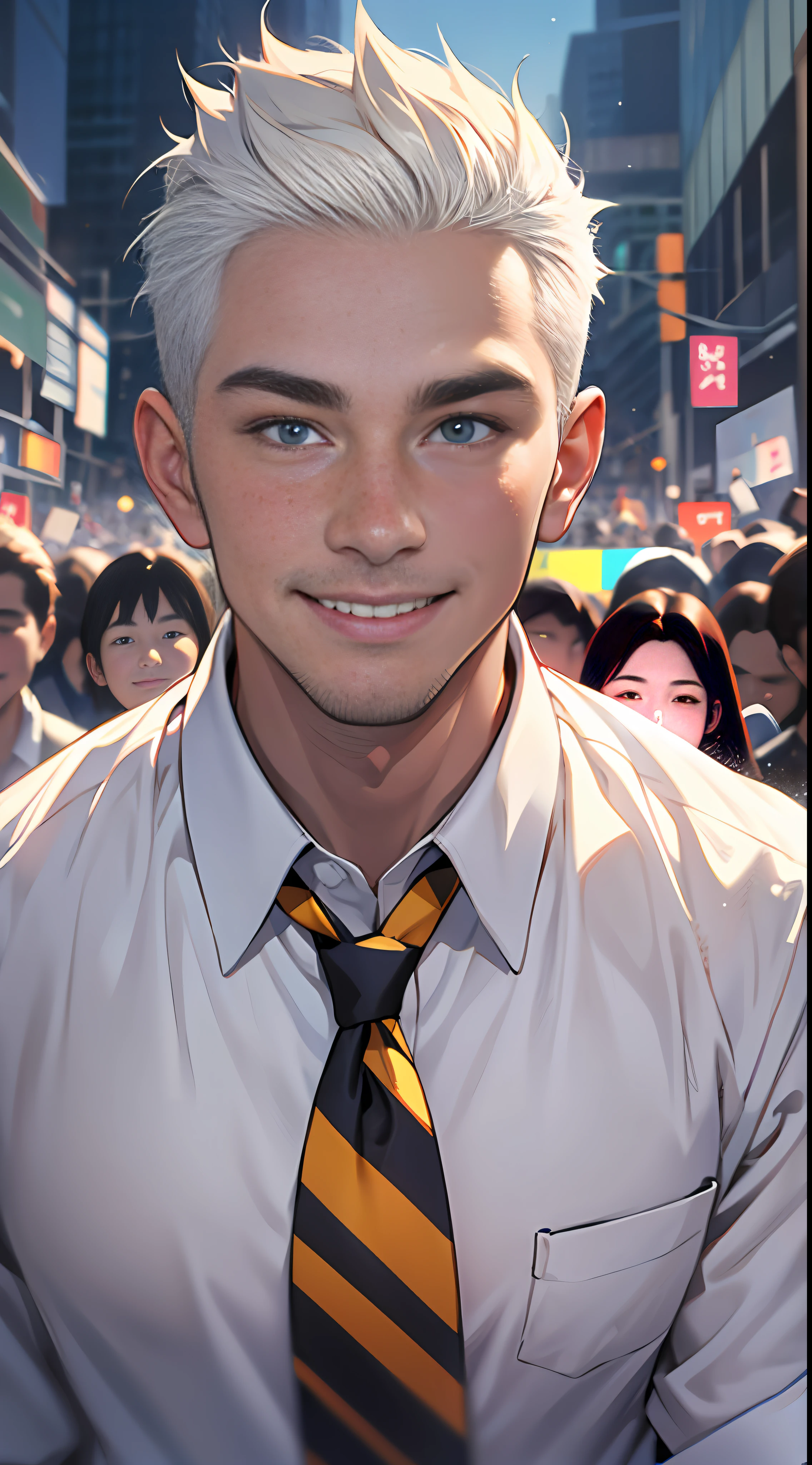 One was wearing a white shirt、white short hair、Tall and mighty man,His face was full of confidence,A joyful smile。He stood in the middle of the crowd,Point ahead, 8k, super detail, ccurate, best quality, masterpiece
