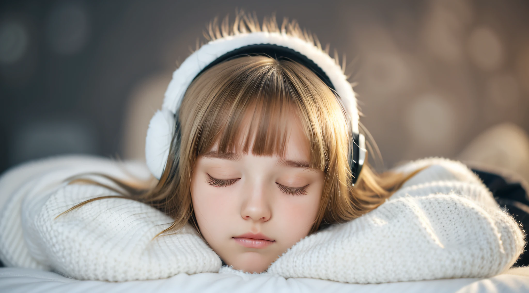 blond girl with long hair wearing a white sweater and black ear muffs, sleepy fashion model face, sleepy, sick with a cold, cold freezing nights, girl, teen girl, a cold, cut, cold, sad, fluffy bangs, cute young girl, young teen, kids, cute girl, loli, cute, cold scene, teenager girl, asleep