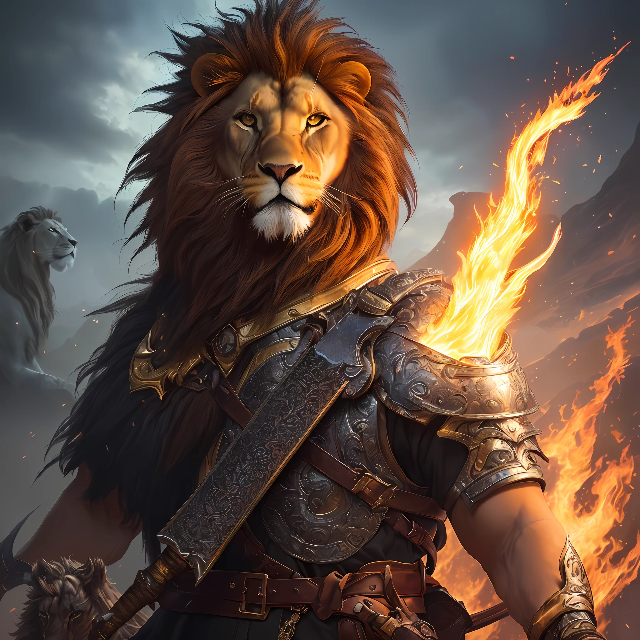 there is a man in armor holding a sword and a lion, lion warrior, fire lion, by Adam Marczyński, by Kerembeyit, graphic artist magali villeneuve, epic fantasy character art, epic fantasy art style hd, lord of beasts, aslan the lion, epic fantasy illustration, epic fantasy digital art, epic fantasy digital art style