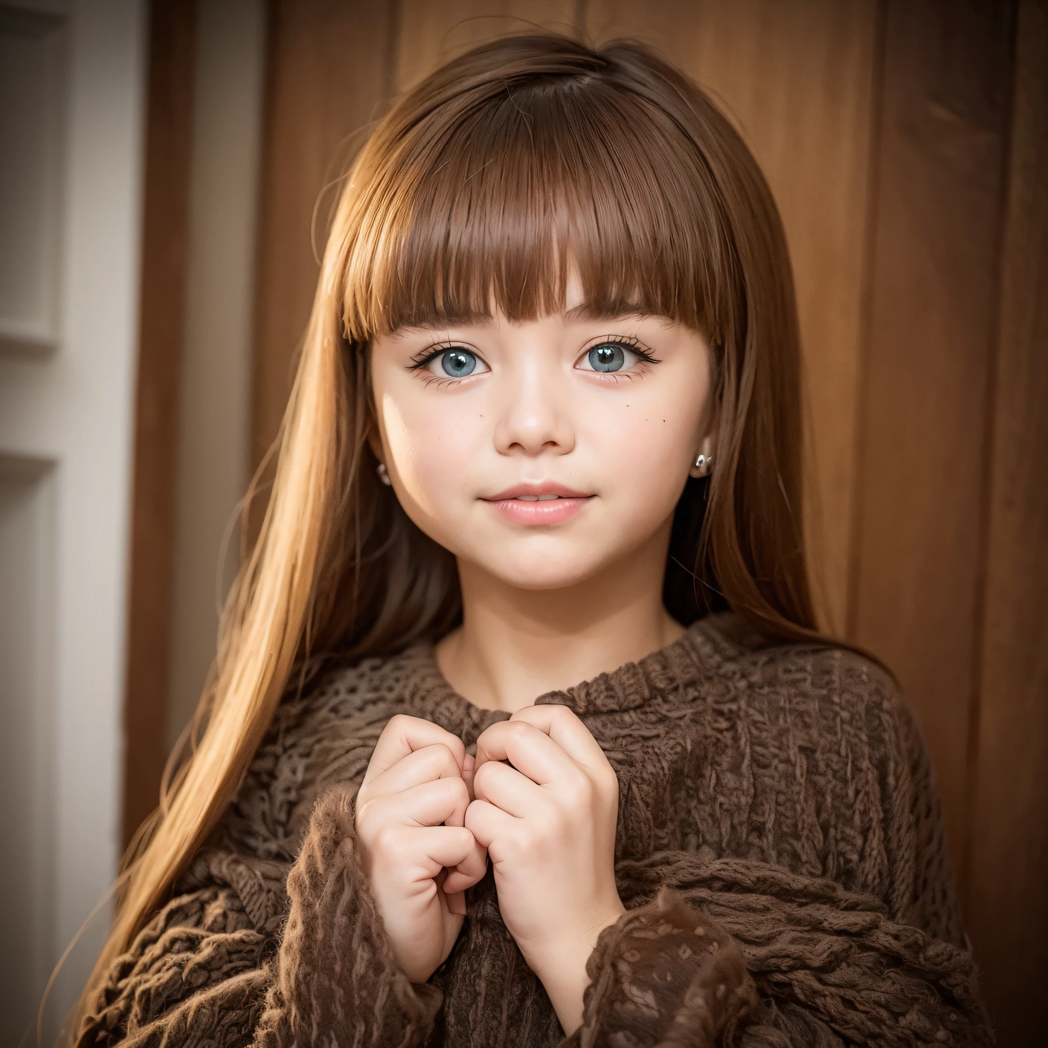arafed little girl with a brown sweater and blue eyes, menina jovem bonito, menina jovem bonita, lindo modelo jovem, menina bonito, menina bonita, lindo bonito, menina jovem e bonito, bonito bonito, cabelos castanhos e olhos grandes, cabelo arrumado com franja, longos cabelos loiros e olhos grandes, cabelo longo castanho com franja, menina com cabelo castanho