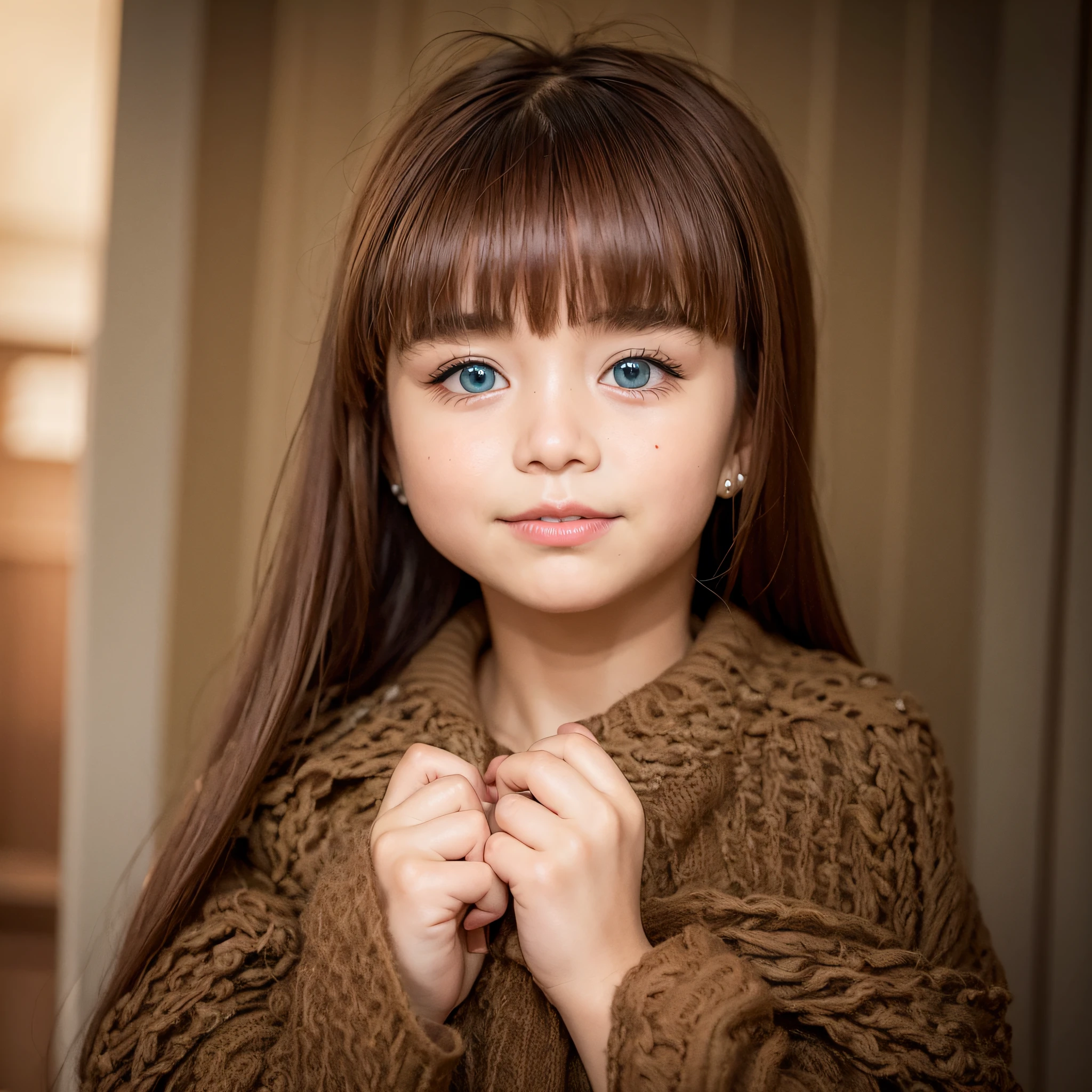 arafed little girl with a brown sweater and blue eyes, menina jovem bonito, menina jovem bonita, lindo modelo jovem, menina bonito, menina bonita, lindo bonito, menina jovem e bonito, bonito bonito, cabelos castanhos e olhos grandes, cabelo arrumado com franja, longos cabelos loiros e olhos grandes, cabelo longo castanho com franja, menina com cabelo castanho