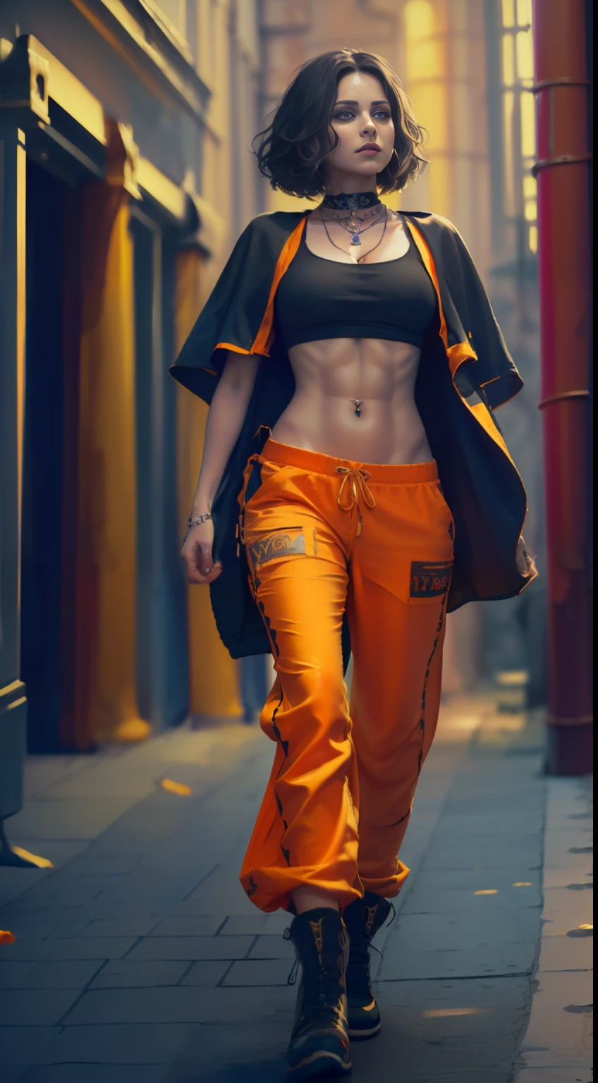 ( 
    (Character: one mexican woman, mystic, black long hair, shaved side hair, abs, happy) 
    (Clothing: orange inca poncho, inca pants, amulets, inca tattoos, orange boots)
    (Pose: full body shot:1.7, dancng)
    (Background: dark alley at night:1.3, intense urban lights in background, orange color scheme) 
    (Style: ((masterpiece:1.5)), (face detailed), photo-realistic:1.3, hyperrealistic, film grain, realistic lighting, backlighting:1.3),(sfw)
)