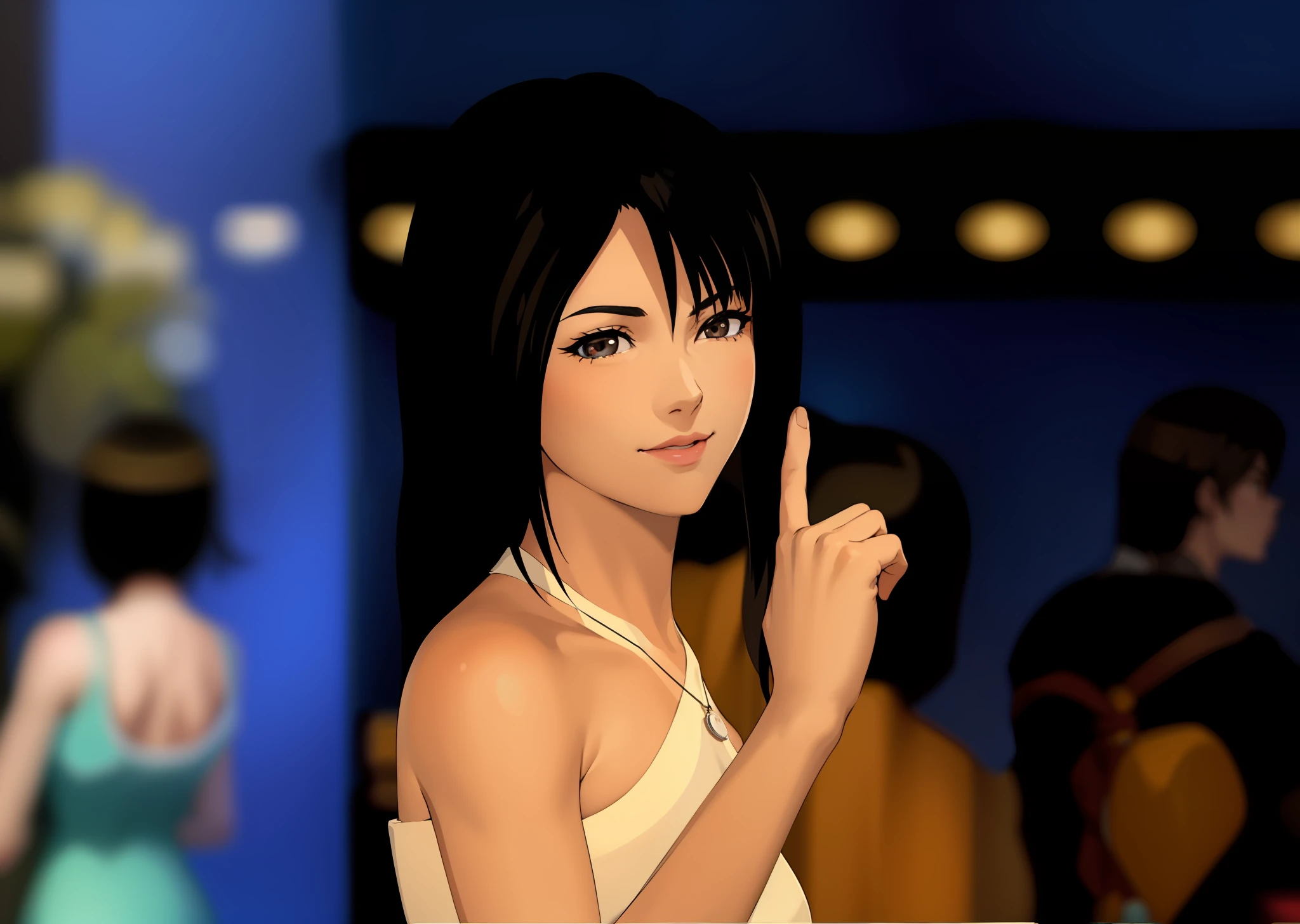 Rinoa Heartilly, dark brown eyes, white dress, wearing a silver necklace with a silver ring as a pendant, anime girl with black hair and white dress pointing at camera, Glamour Tifa Lockheart, Tifa, seductive tifa lockhart portrait, Portrait de Tifa Lockhart, Tifa Lockhart, Tifa Lockheart, Portrait de Tifa Lockhart, Nico Robin, Tifa Lockhart aux cheveux blancs, beautiful avatar pictures, from ff7, anime styled 3d, Smooth anime CG Art . (Masterpiece : 1,8), 64k quality, final fantasy artwork concept, detailed manga eyes, detailed hair, detailed clothes, detailed body, cleaner designs, detailed face pronounced, shiny objects like jewels, see creases on clothes, more coherent clothing, more rounded eyes transparent liquid globular, more colors, more coherent clothing , correct the features of the clothes, better eyes contour, better shoulders, really colorful, coarser line, black line, finishing . (coarser line) (black line) (homogeneous rendering: 1.3)