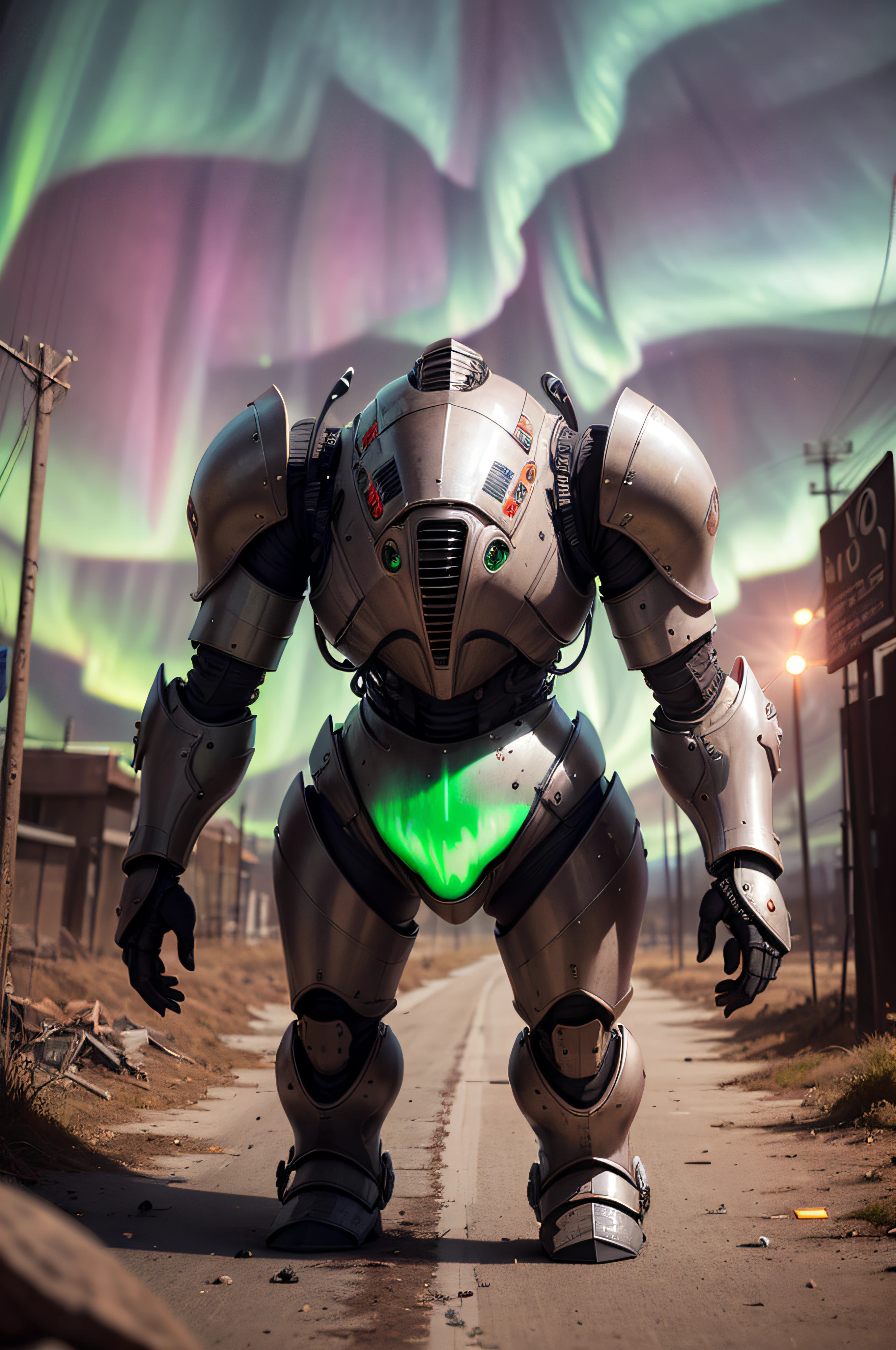 ((uma criatura:1.5)+(alien+pesado metal:1.2)), In the center of a post-apocalyptic city,(Gleaming technological armor,electric aurora:1.4),(ilmari_nenhum_mystery:0.5+cecinestpasunfetiche:0.5), o sol fraco ao fundo, and the shadows cast form jagged lines on the ground. --auto