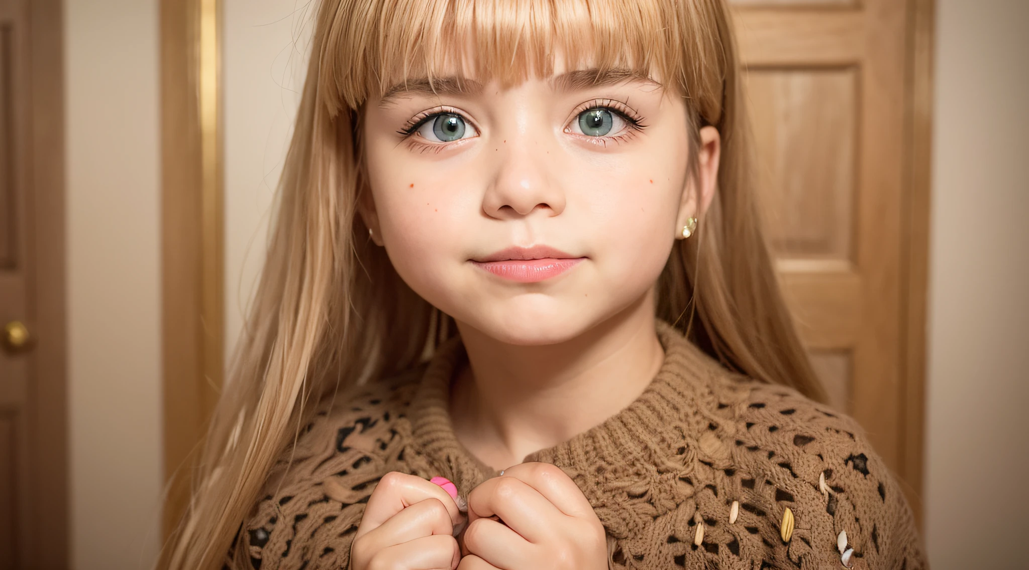 arafed with a brown sweater and blue eyes, menina joveto, menina jovem bonindo modelo jovem, menina bonito, menina b lindo bonito, jovem e bonito, bonito bonitelos castanhos e olhos grandes, cabelo arrumado com franja, longos cabelos loiros e olhos grandes, cabelo longo castanho com franja, menina com cabelo castanho