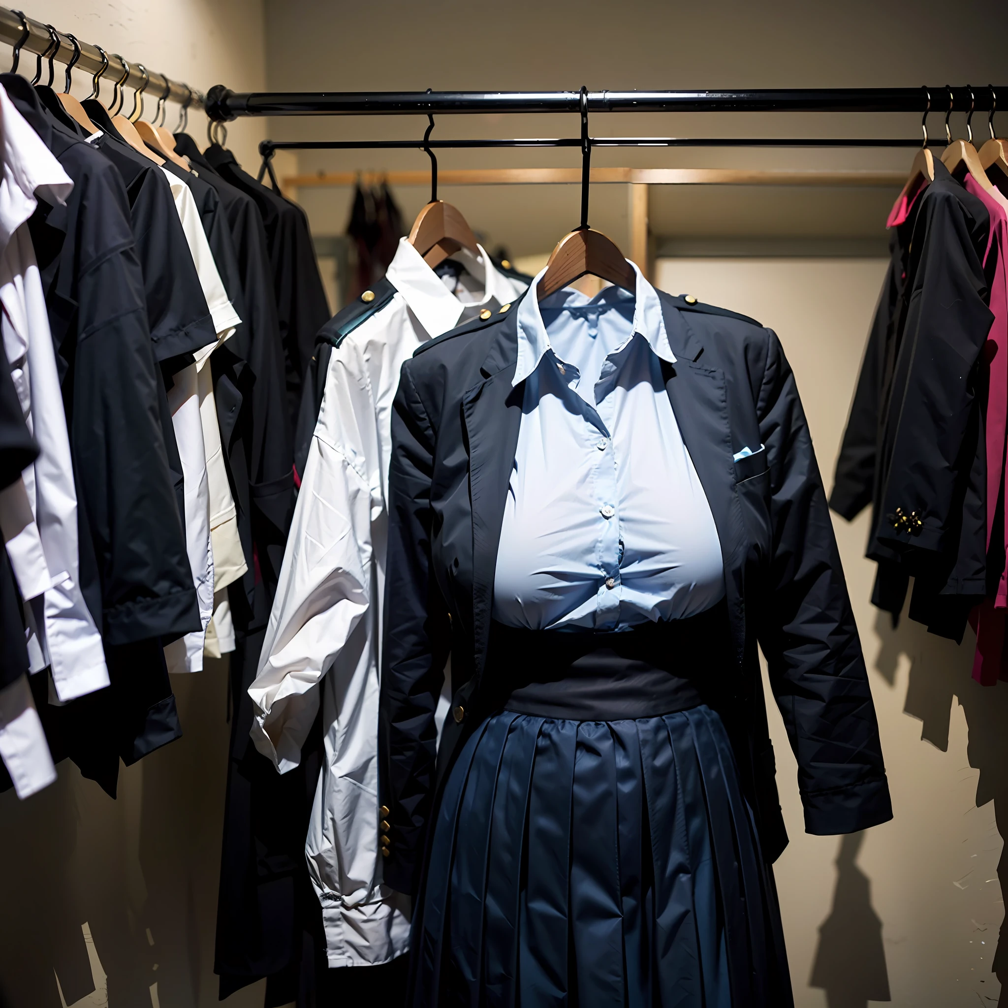 (realistic: 0), ((no humans)), ((invisible)), ((faceless)), ((headless)), ((empty clothes)), ((huge breasts)), girls' school uniforms on hangers swells as if possessed by invisible girls, huge breasts, ((school uniforms on hangers)), in the closet