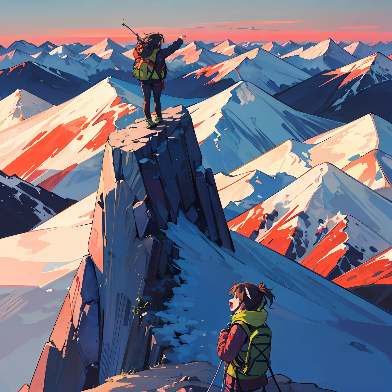 Girl with sagging ears Screaming Top of the mountains Summer Mountains mountaineering loud On a high mountain