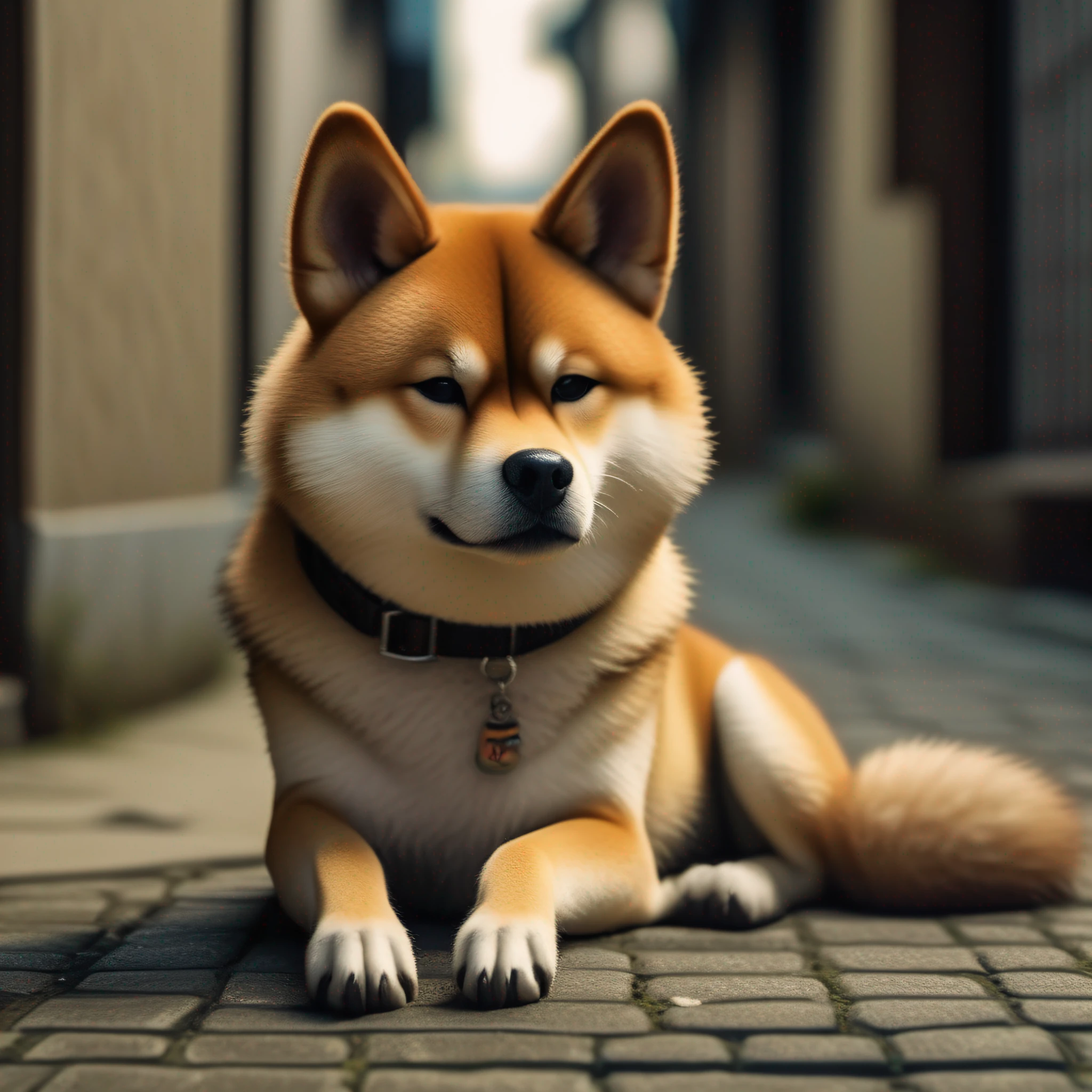there is a dog that is sitting on the ground in the alley, japanese dog, Detalhe extra, Dog cute, Assunto: cane, Foto retrato, Lobo Peludo, anthropomorphic shiba inu, imagem ultra realista, pele hiper realista, Foto altamente realista, Foto tirada com Sony A7R, um ultra realista, Alexey Egorov, alto detalhamento)
