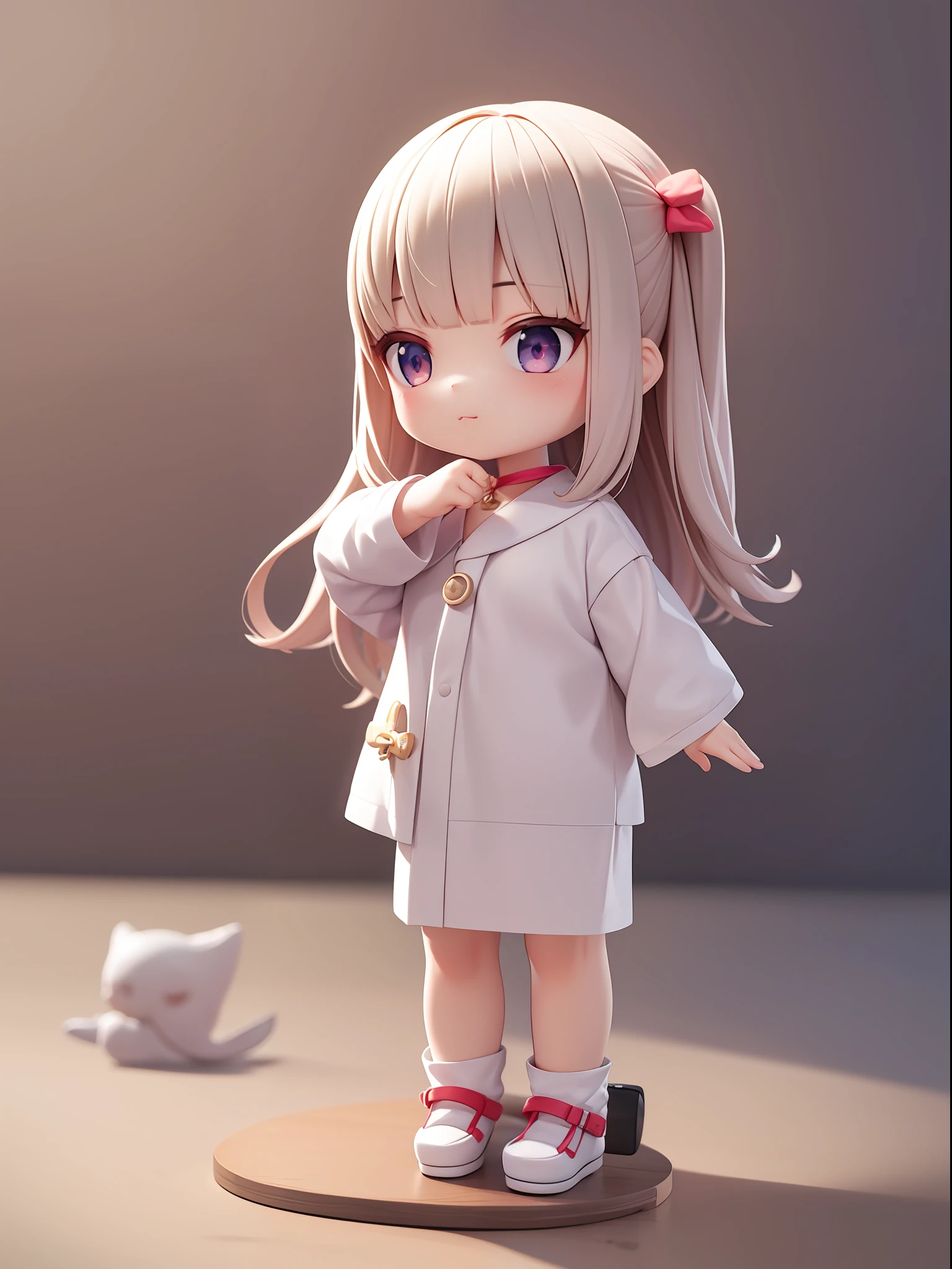 PopMart Blind Box IP, a close-up of a cute, white robe doll, young wanangel style, wearing long and fluent clothes, wlop style, pocelain doll, little people; Unreal Engine 5, Lite 3D/C4D production: 8K HD quality/lighting/ultra-detailed lens depiction 1.5, flawless, chibi background/cinematic.