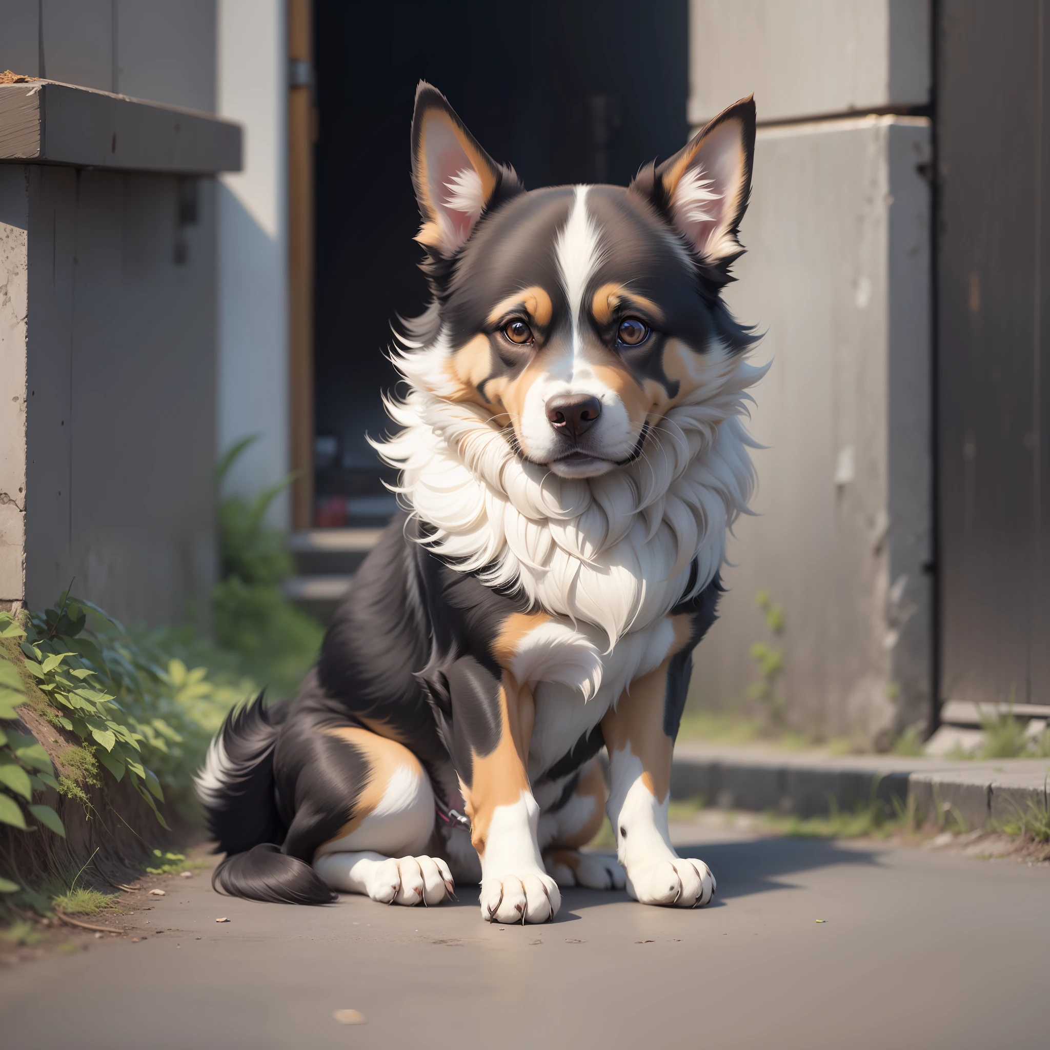 there is a dog that is sitting on the ground in the alley, japanese dog, Detalhe extra, Dog cute, Assunto: cane, foto retrato, Lobo Peludo, anthropomorphic, imagem ultra realista, pelo realista, Foto altamente realista, um ultra realista, alto detalhamento